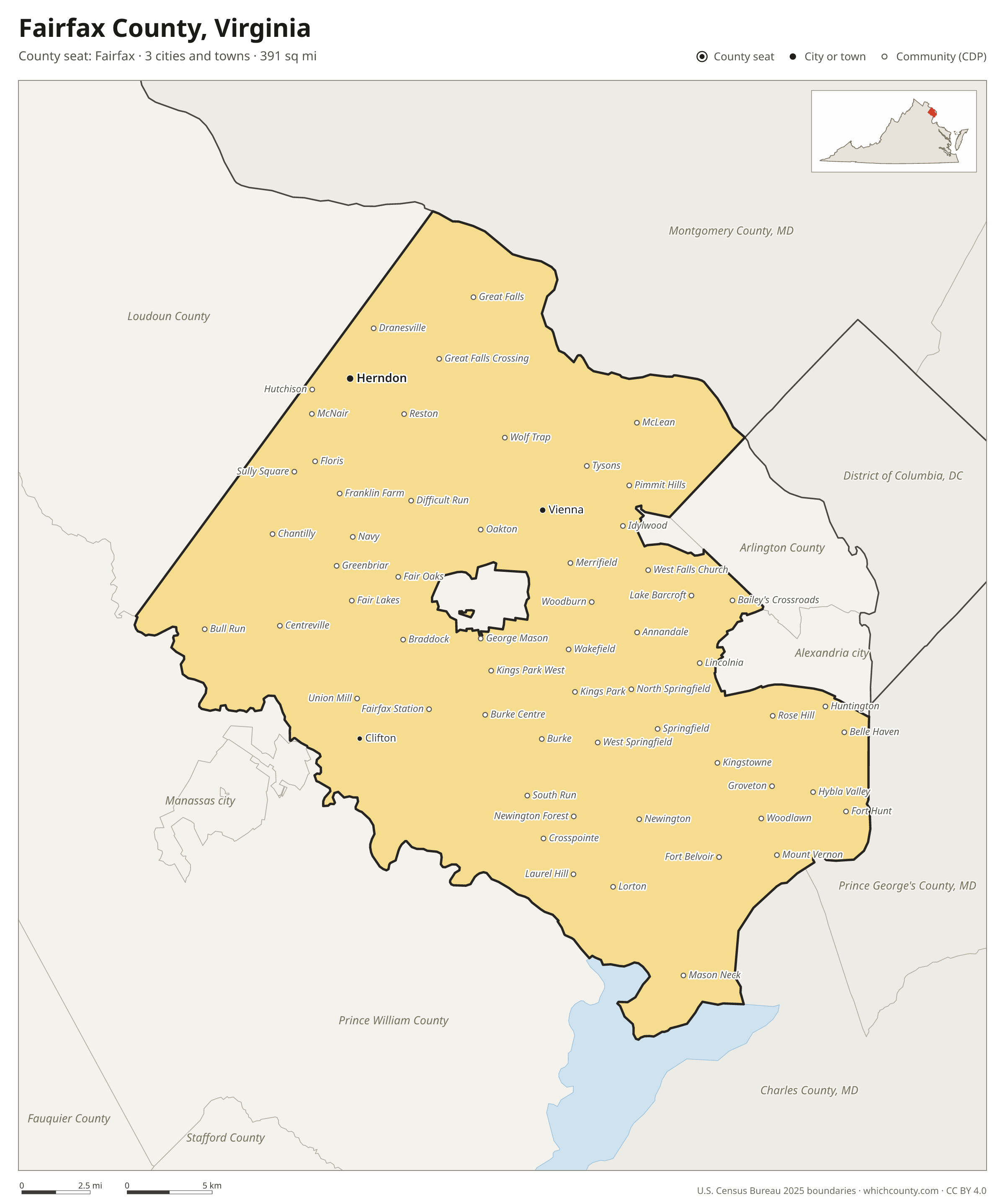 Map of Fairfax County, Virginia with cities, towns and the county boundary