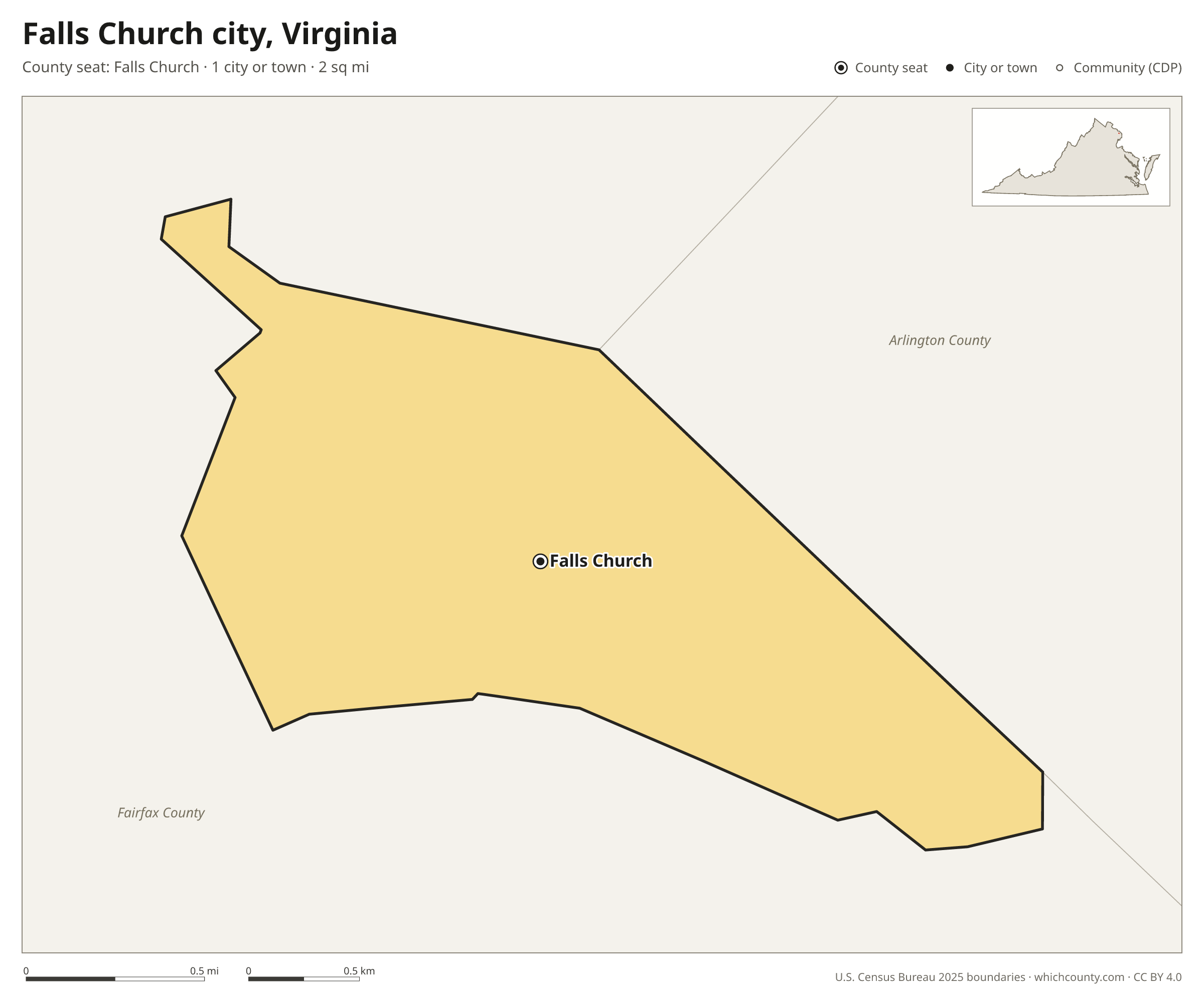 Map of Falls Church city, Virginia with cities, towns and the county boundary
