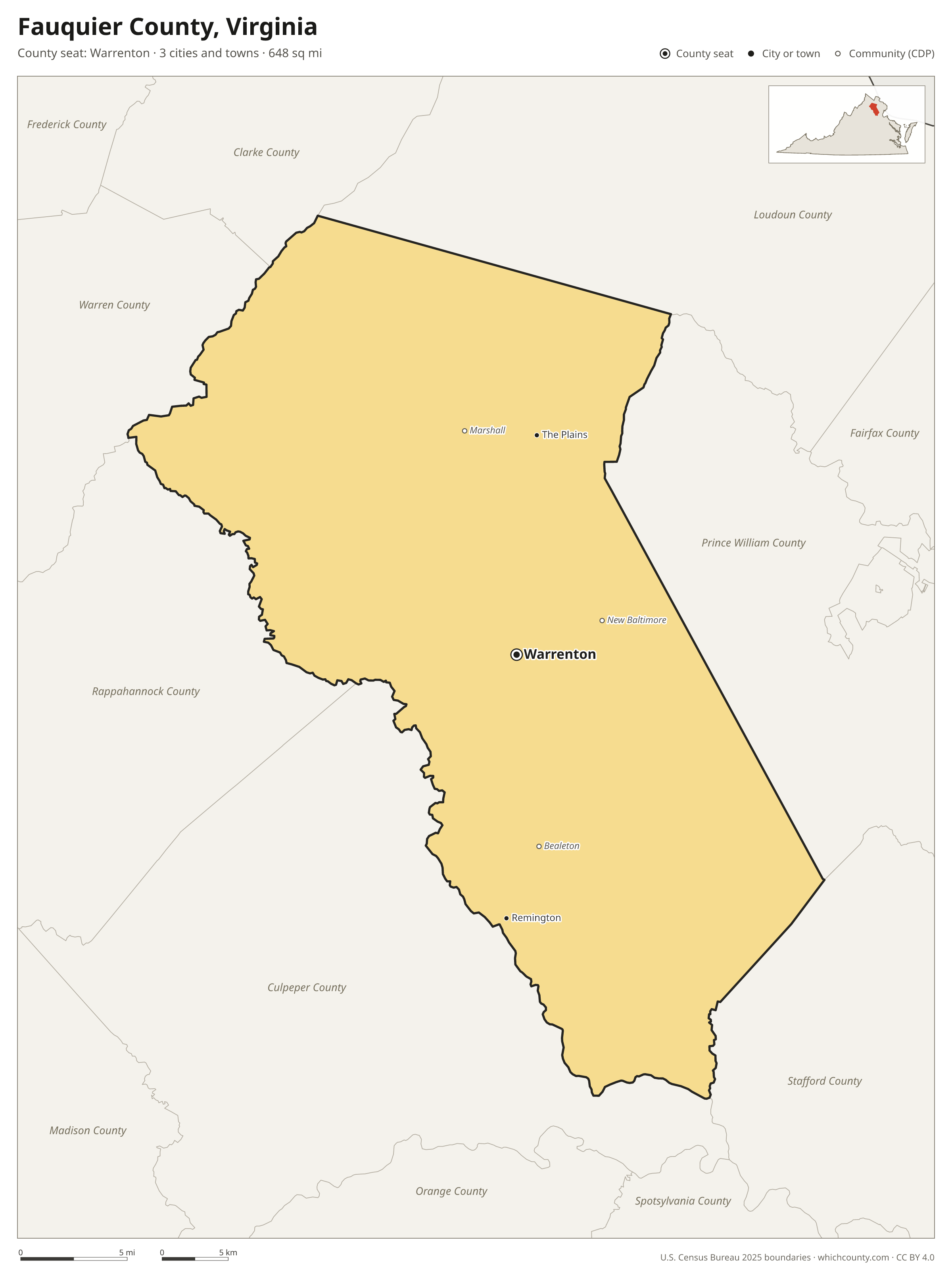 Map of Fauquier County, Virginia with cities, towns and the county boundary