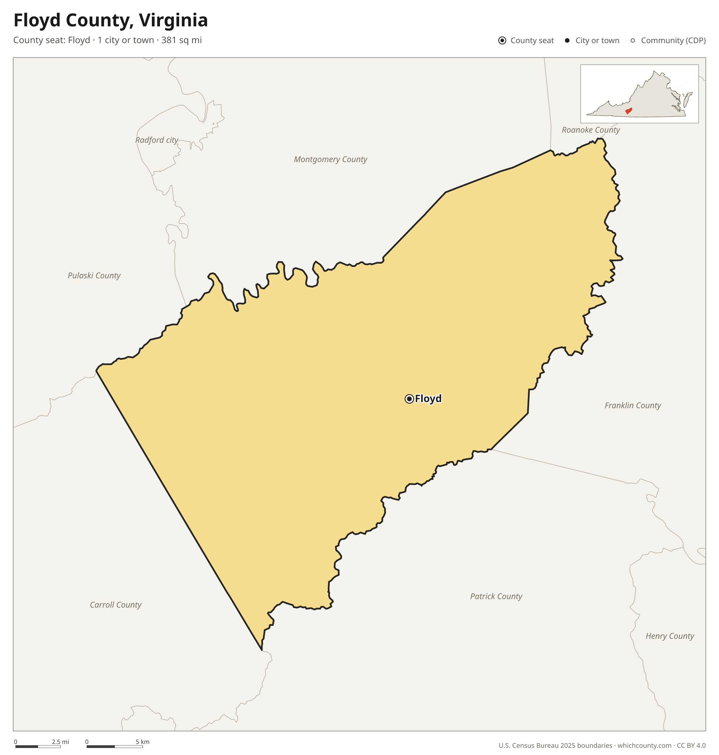 Map of Floyd County, Virginia with cities, towns and the county boundary