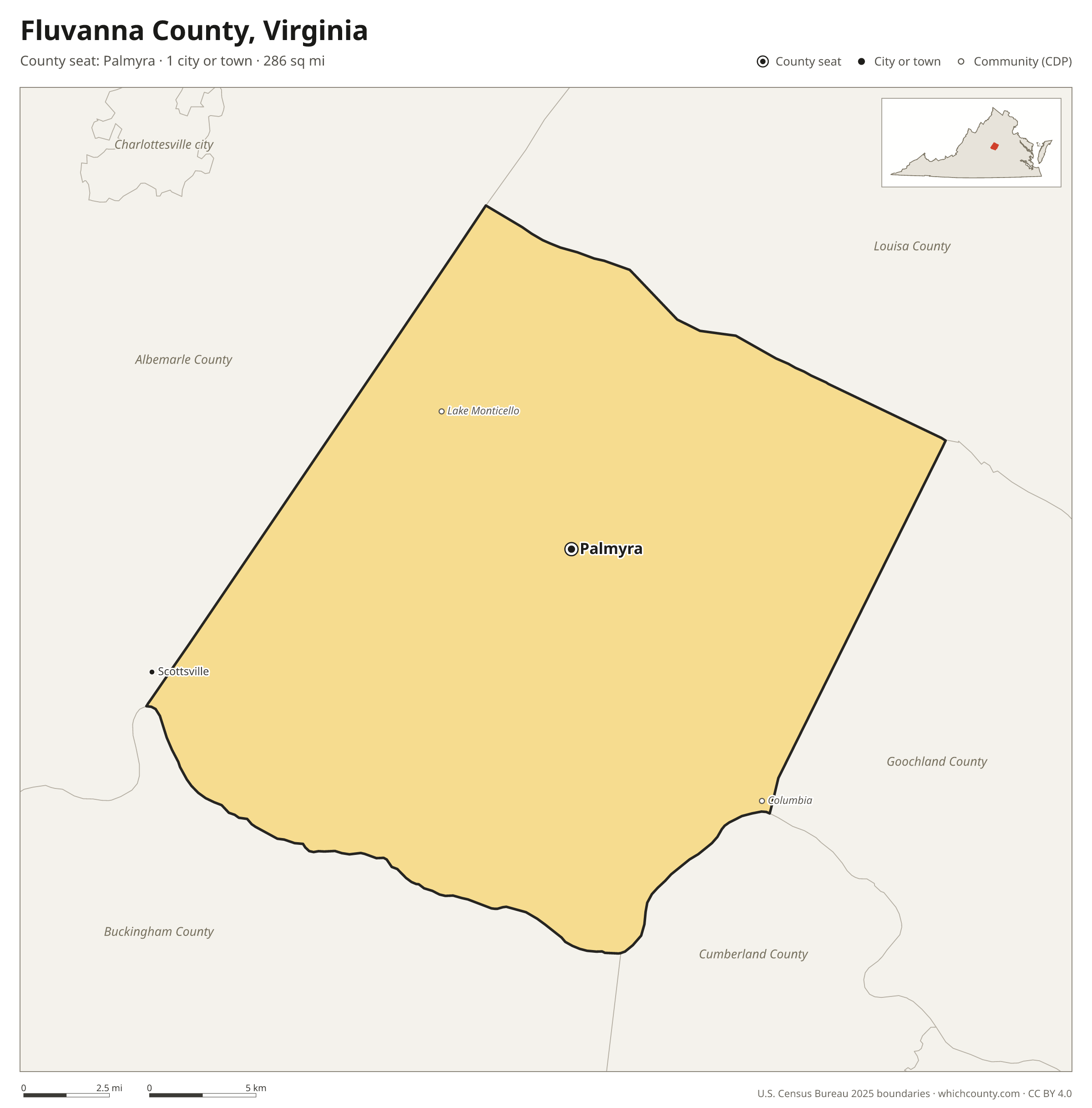 Map of Fluvanna County, Virginia with cities, towns and the county boundary
