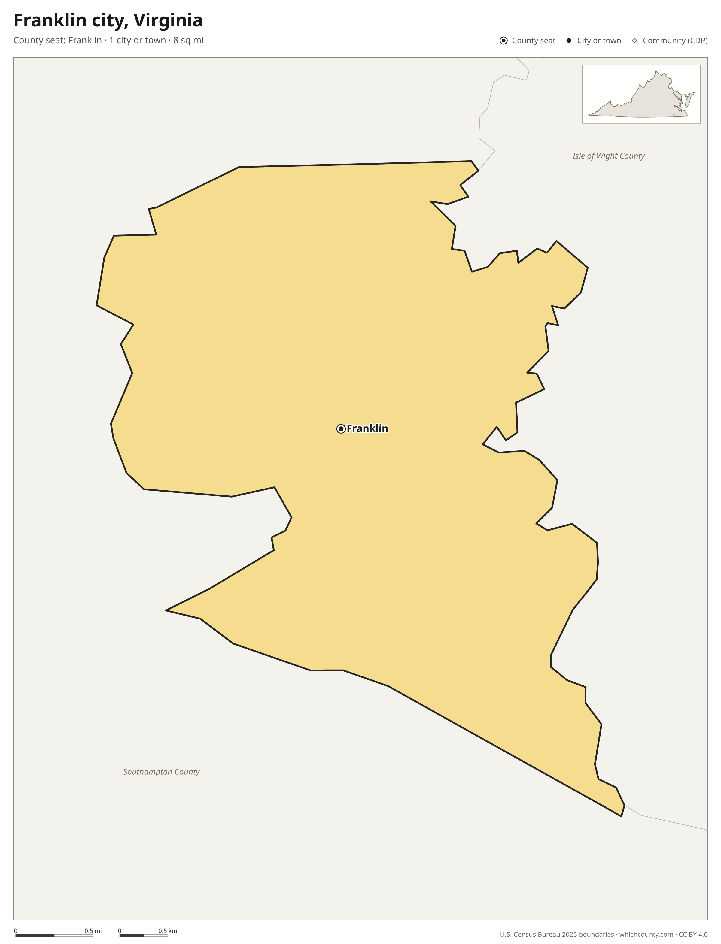 Map of Franklin city, Virginia with cities, towns and the county boundary