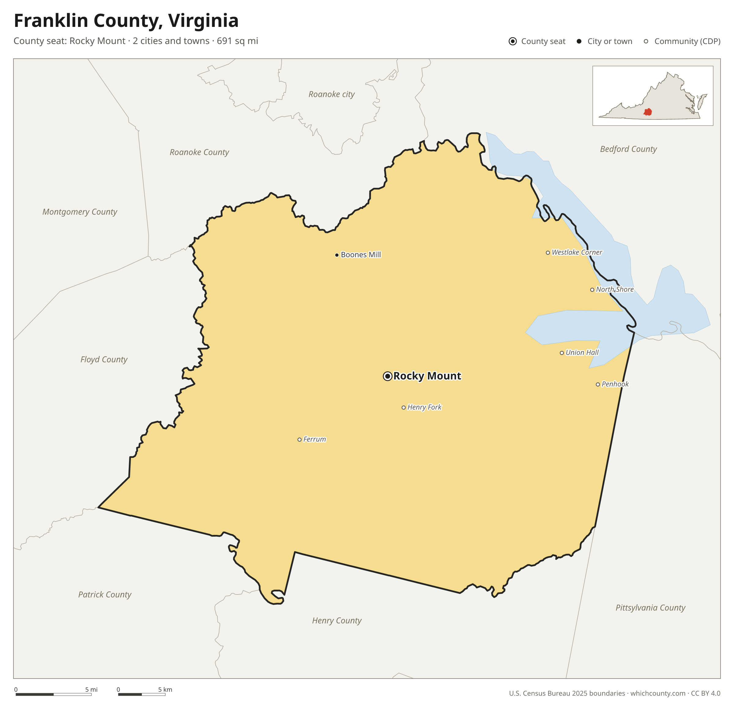 Map of Franklin County, Virginia with cities, towns and the county boundary