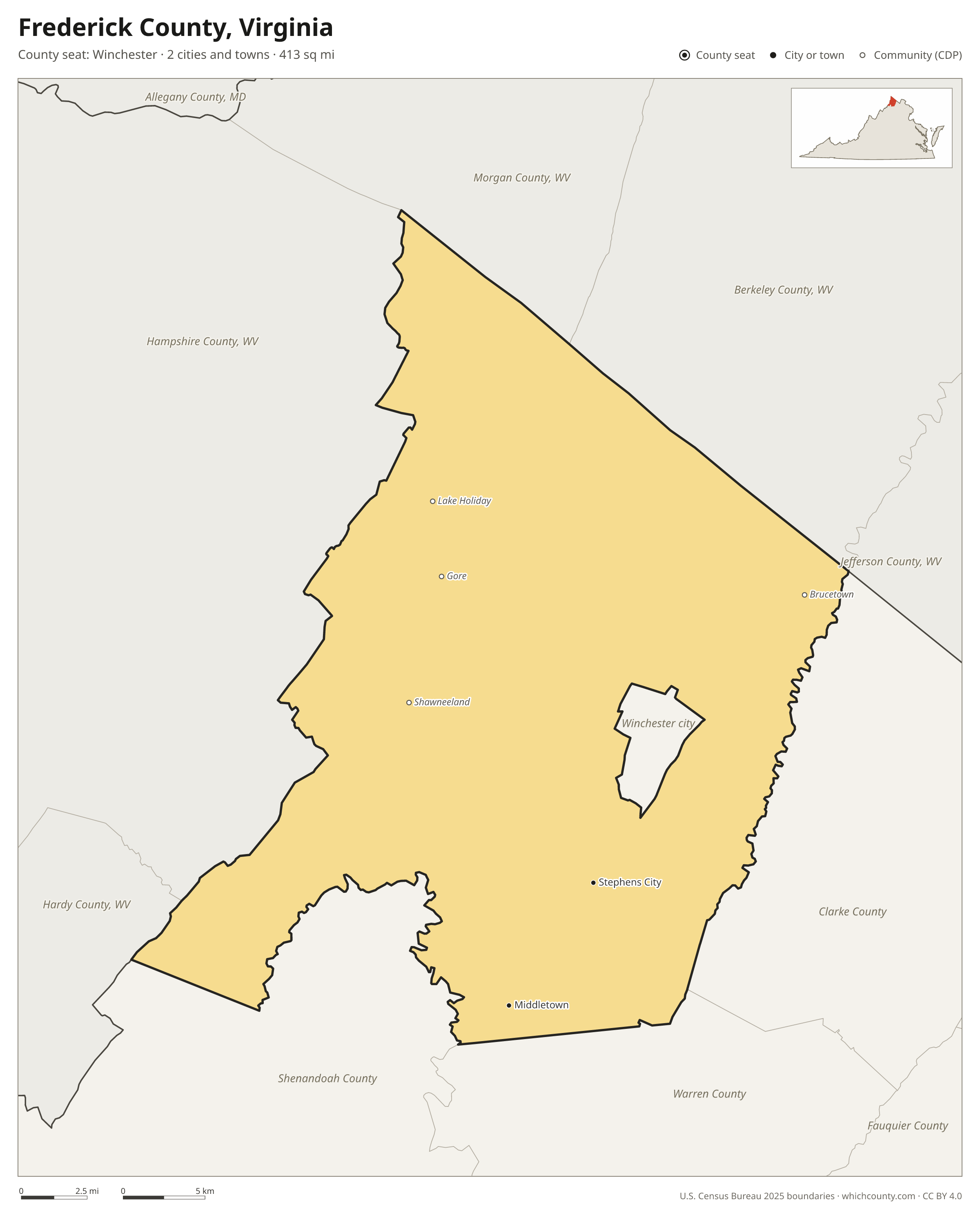 Map of Frederick County, Virginia with cities, towns and the county boundary