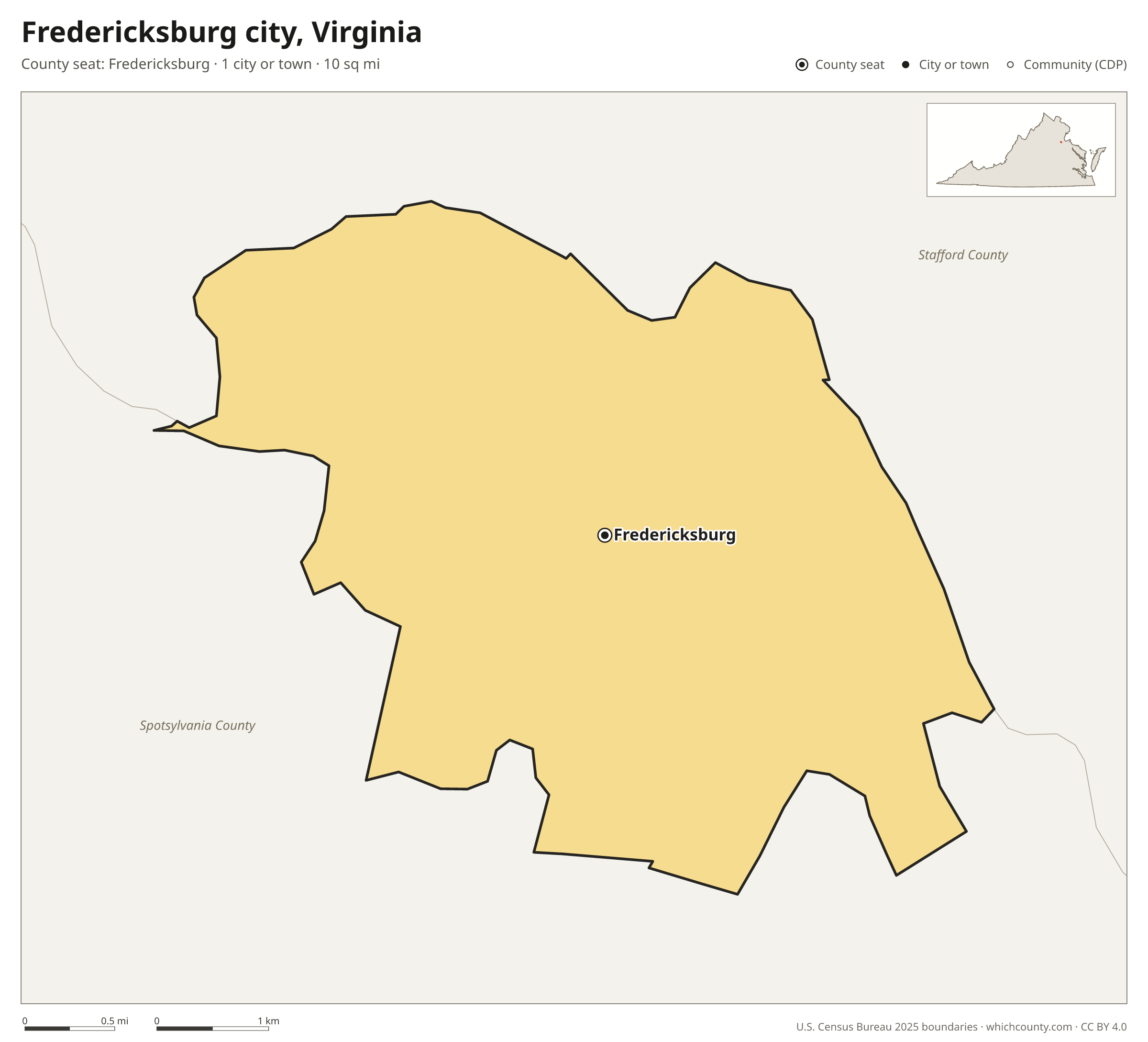 Map of Fredericksburg city, Virginia with cities, towns and the county boundary
