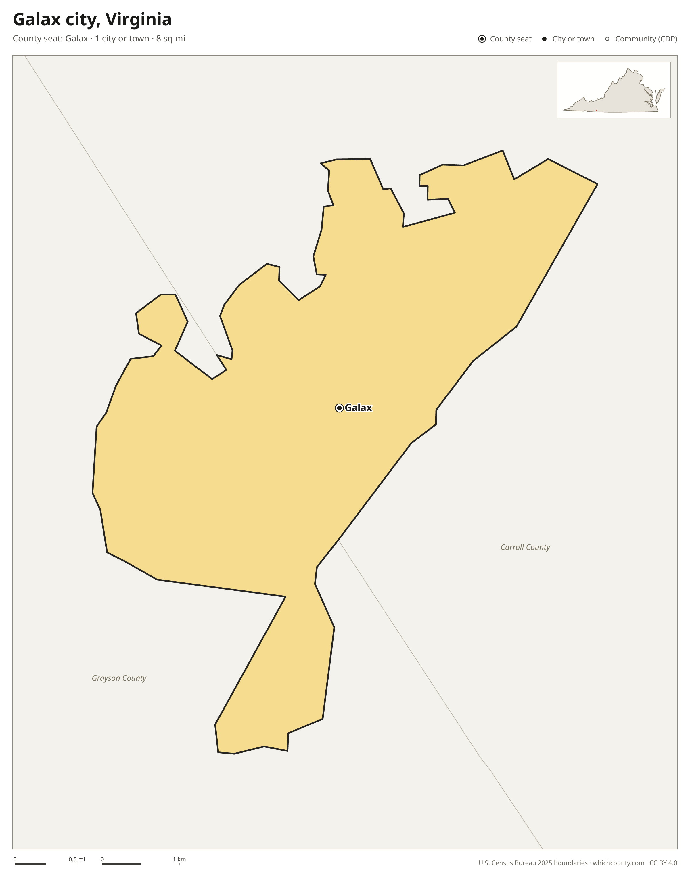 Map of Galax city, Virginia with cities, towns and the county boundary