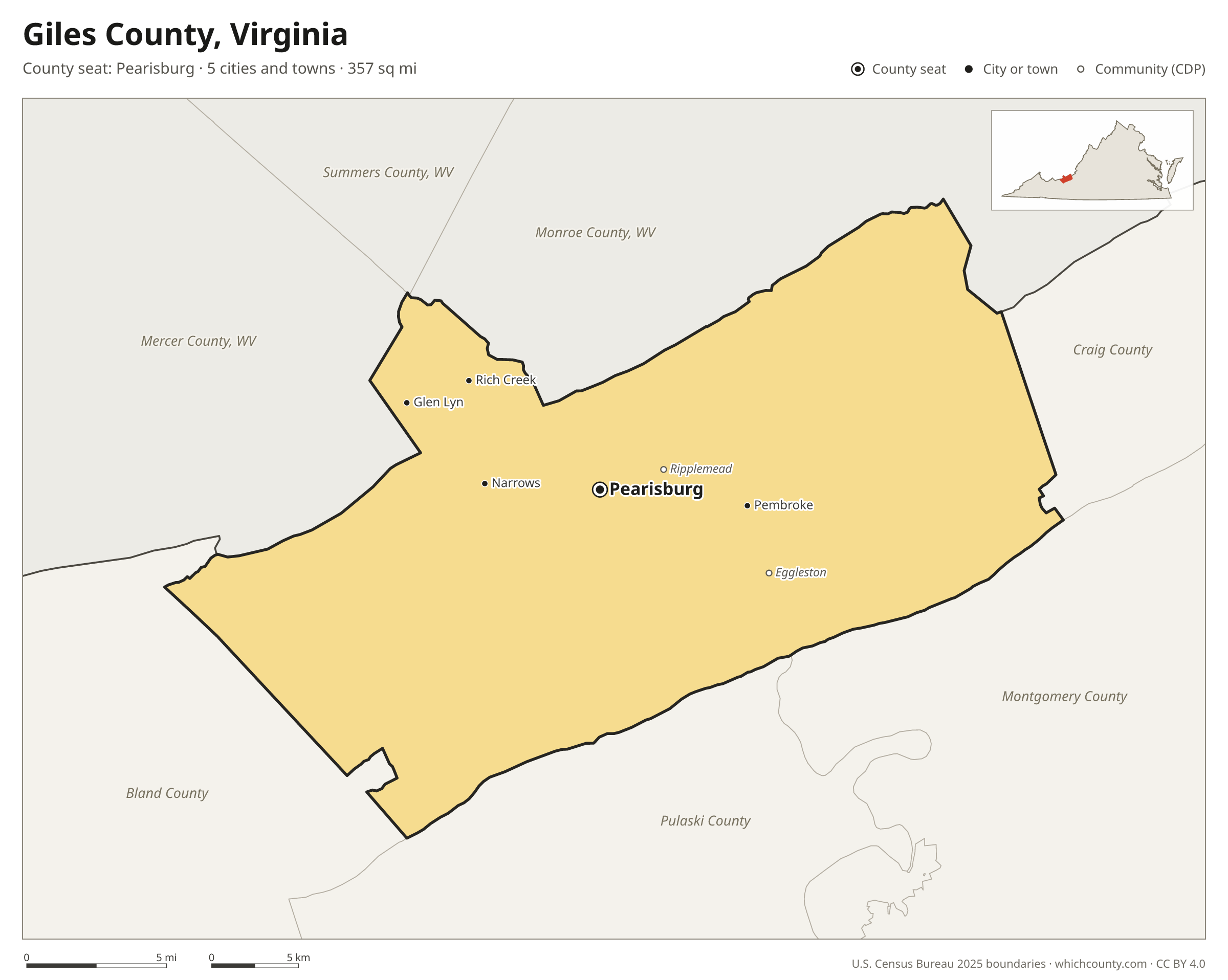 Map of Giles County, Virginia with cities, towns and the county boundary