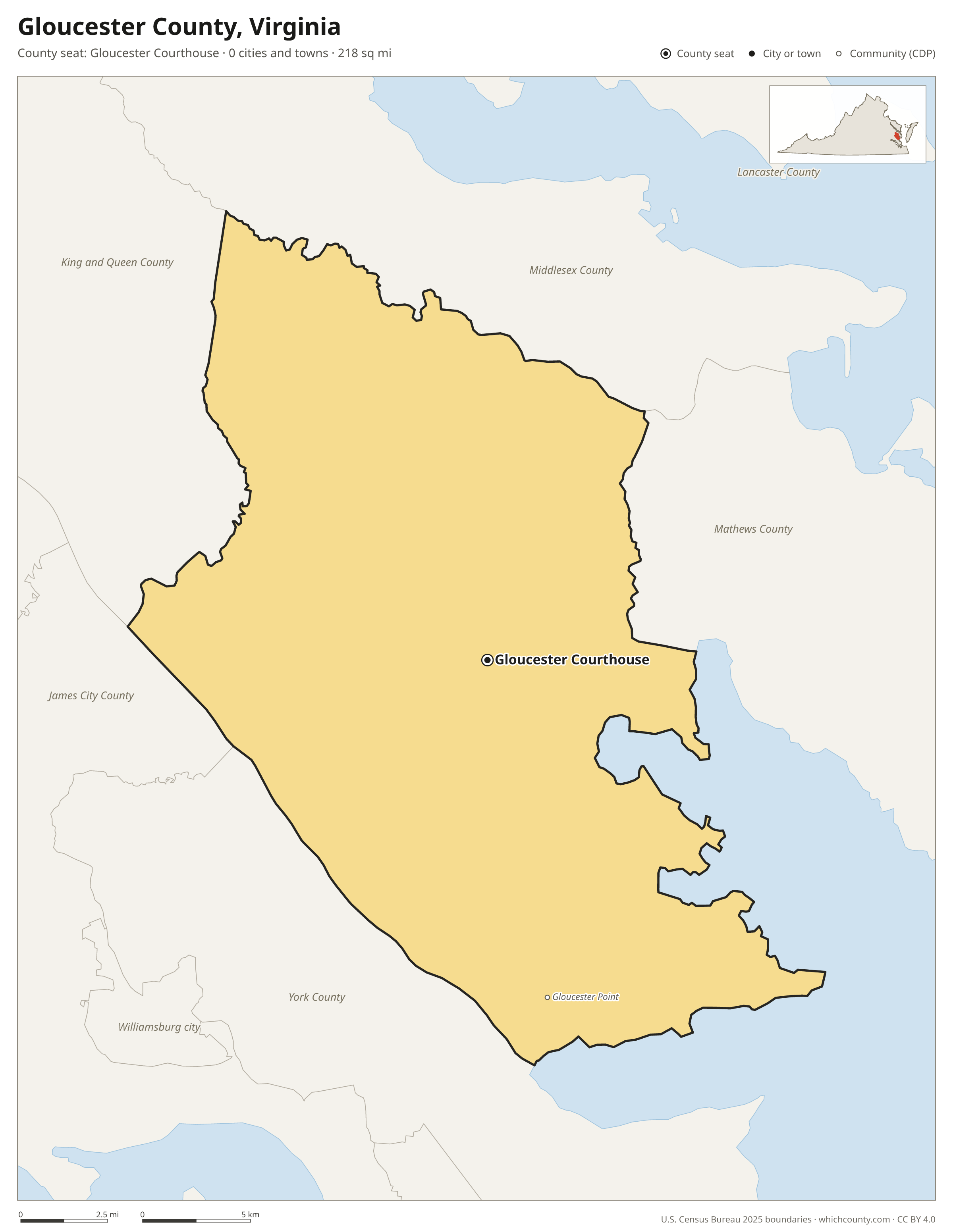 Map of Gloucester County, Virginia with cities, towns and the county boundary