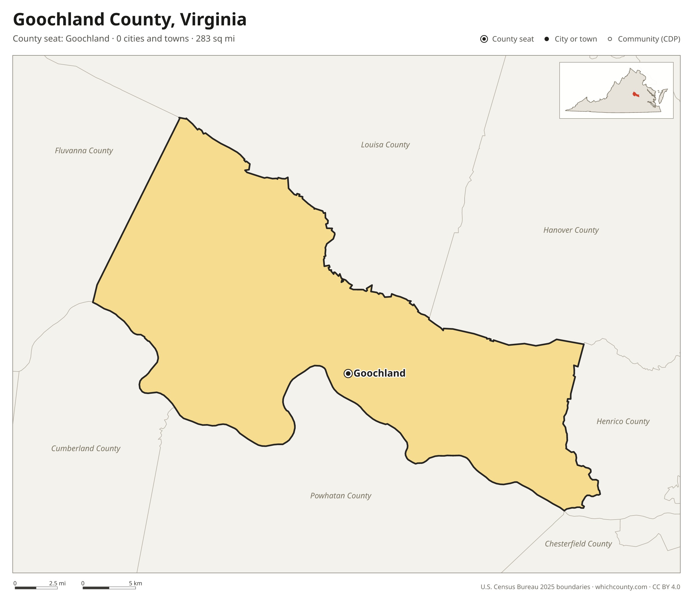 Map of Goochland County, Virginia with cities, towns and the county boundary