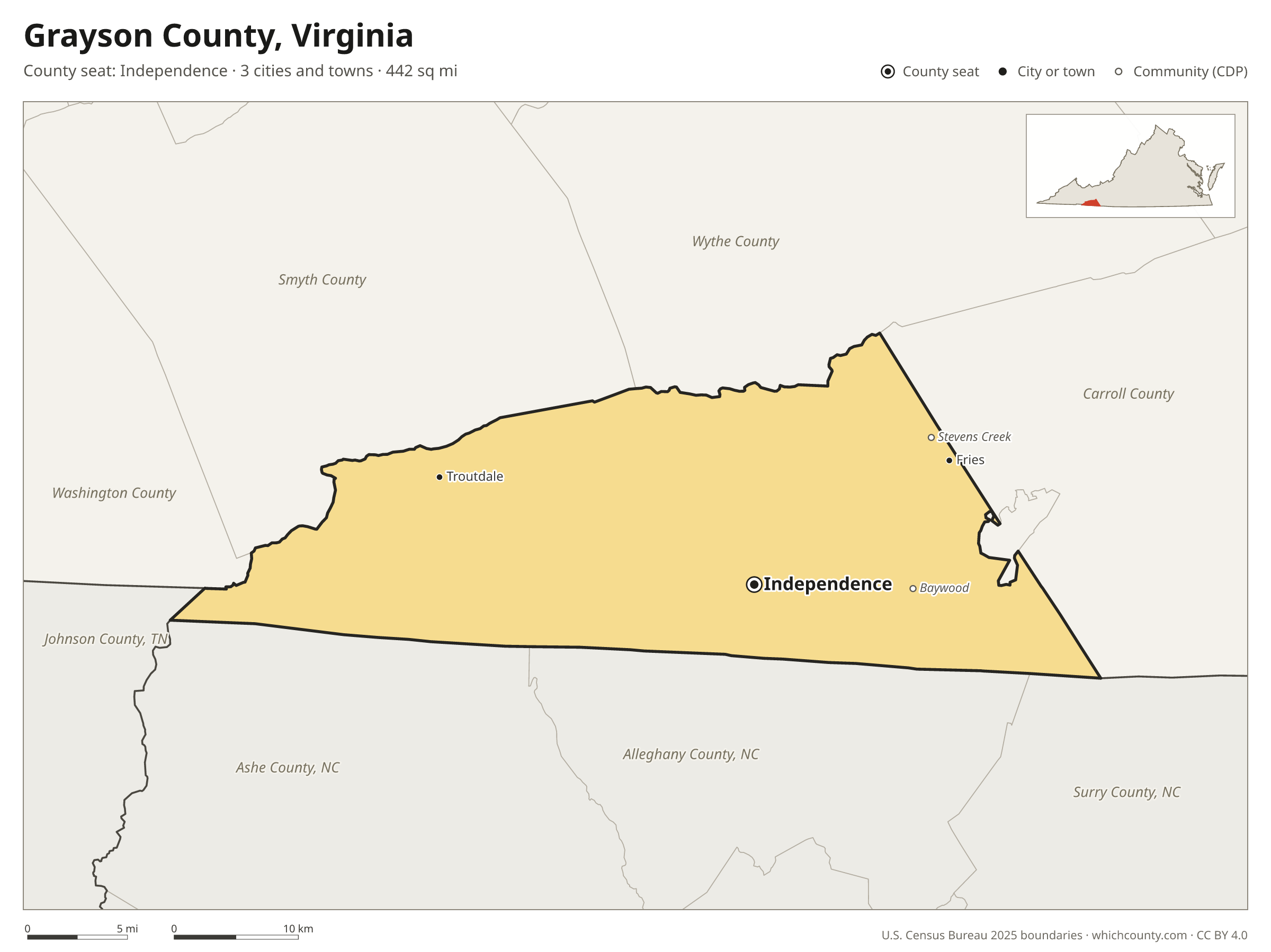 Map of Grayson County, Virginia with cities, towns and the county boundary