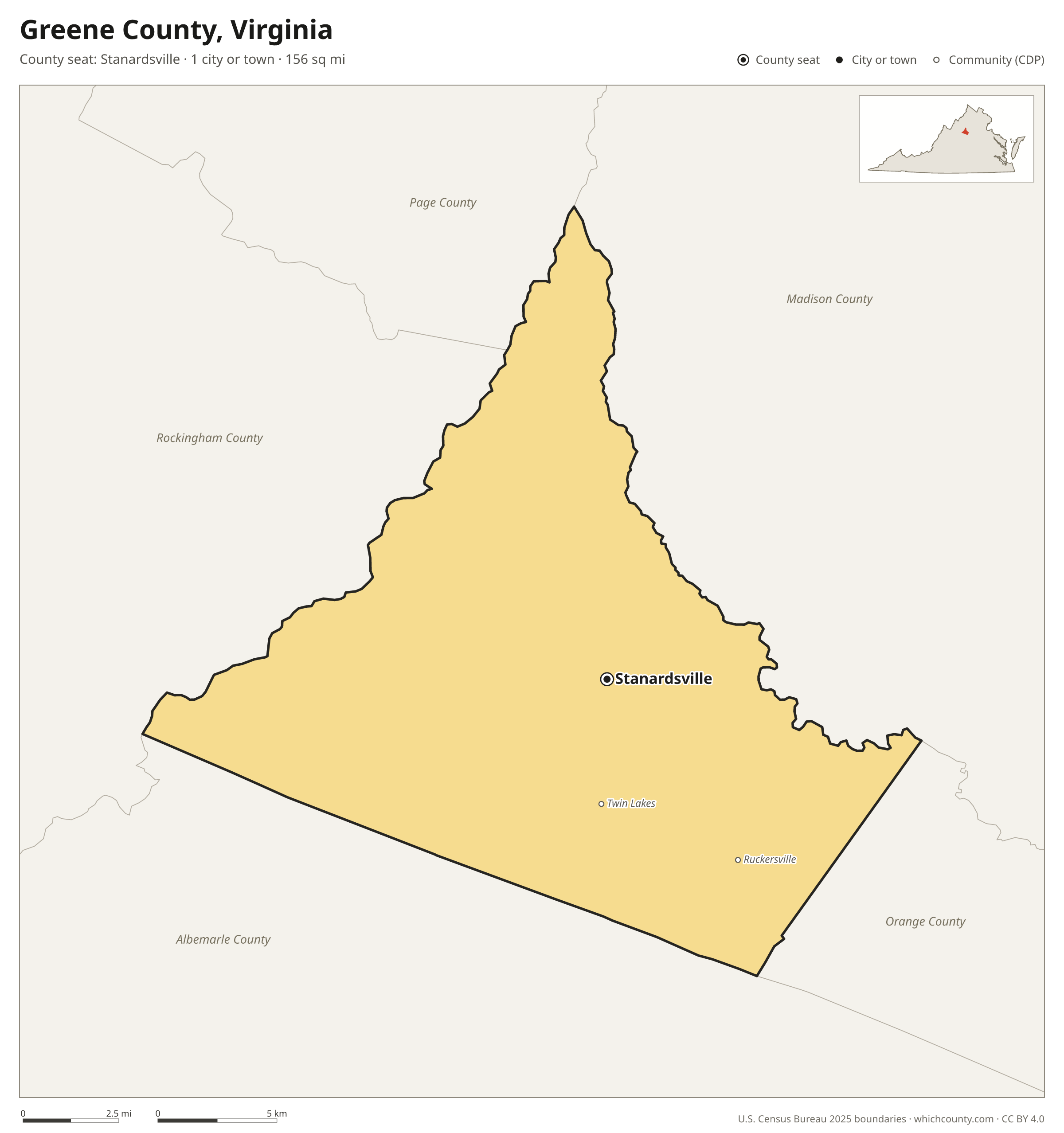 Map of Greene County, Virginia with cities, towns and the county boundary