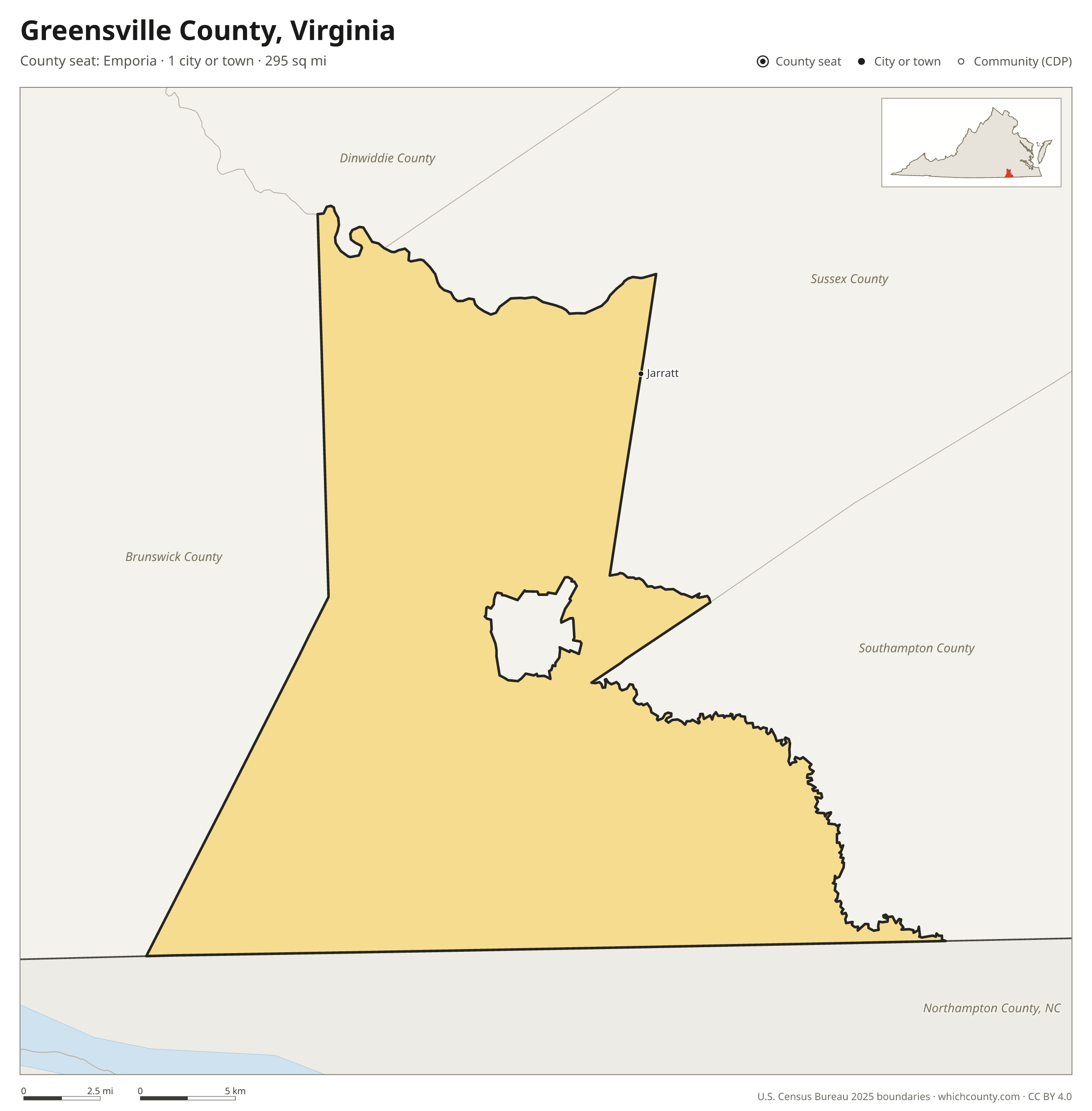 Map of Greensville County, Virginia with cities, towns and the county boundary