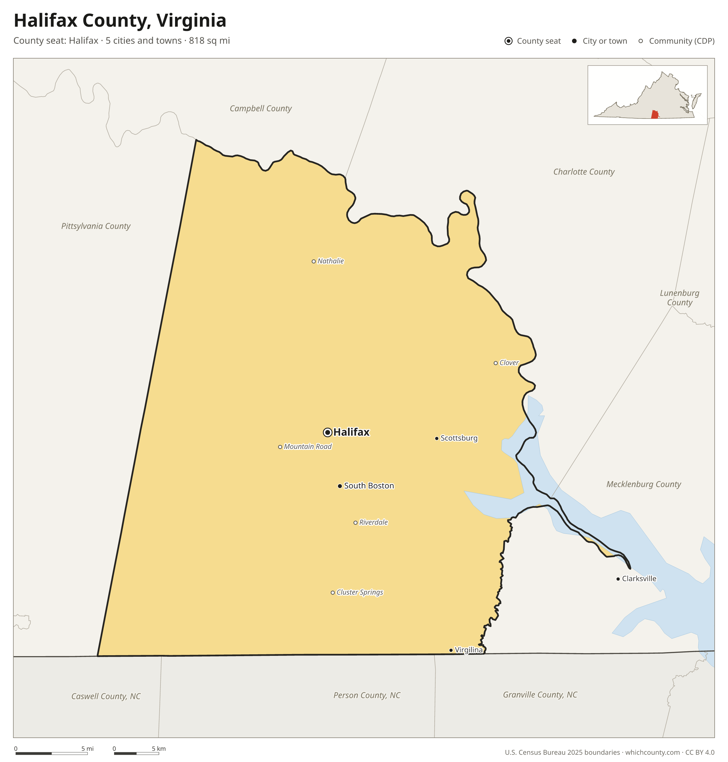 Map of Halifax County, Virginia with cities, towns and the county boundary
