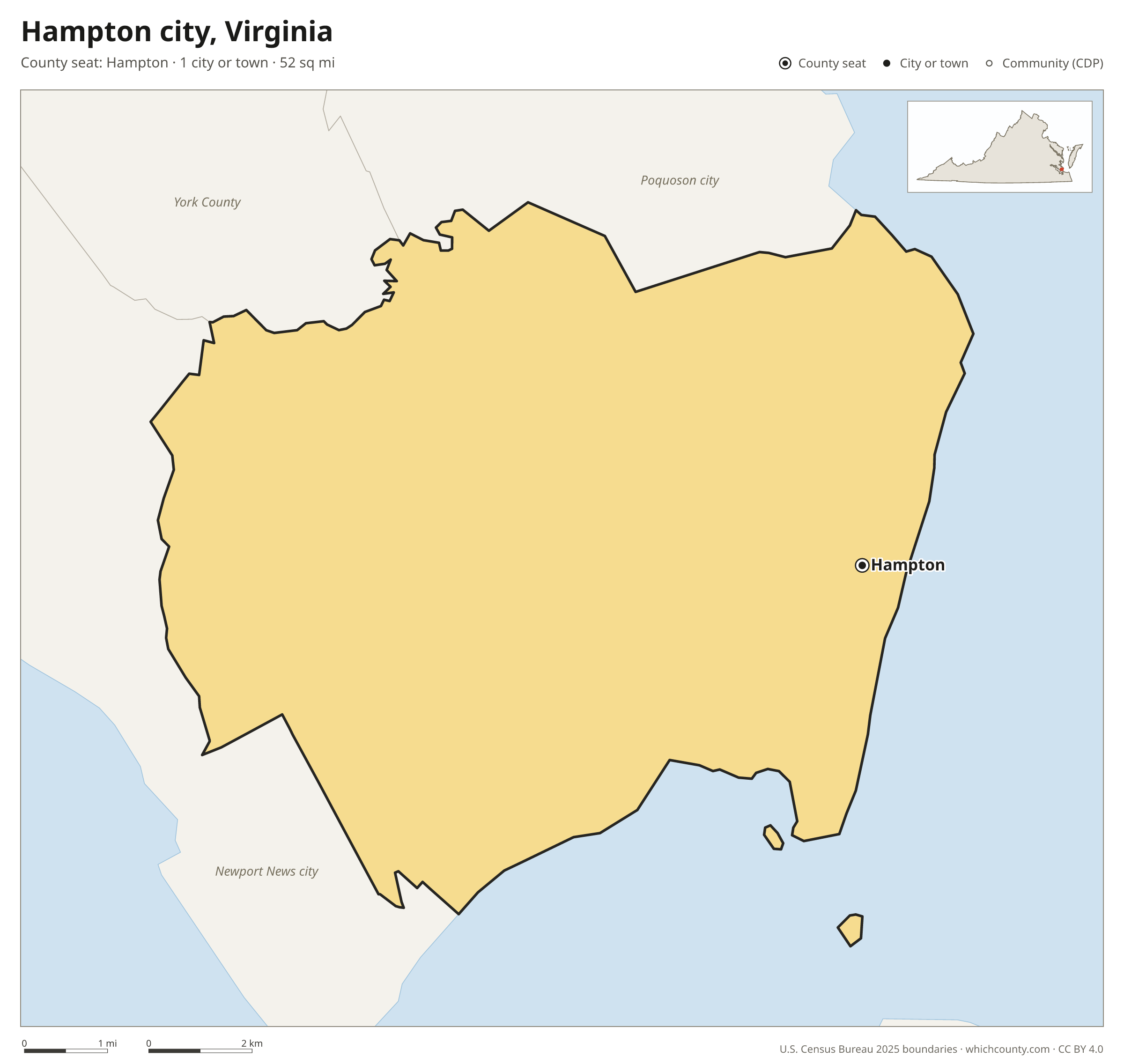Map of Hampton city, Virginia with cities, towns and the county boundary