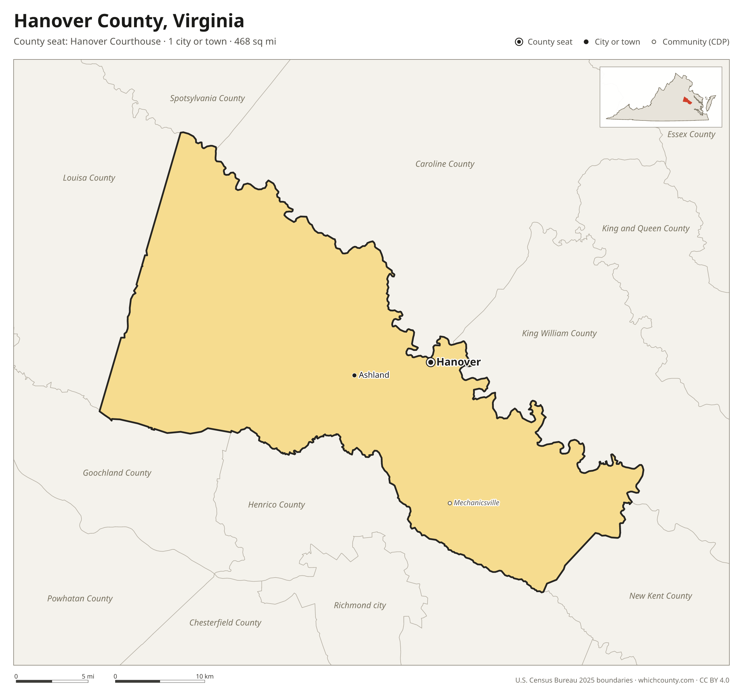 Map of Hanover County, Virginia with cities, towns and the county boundary