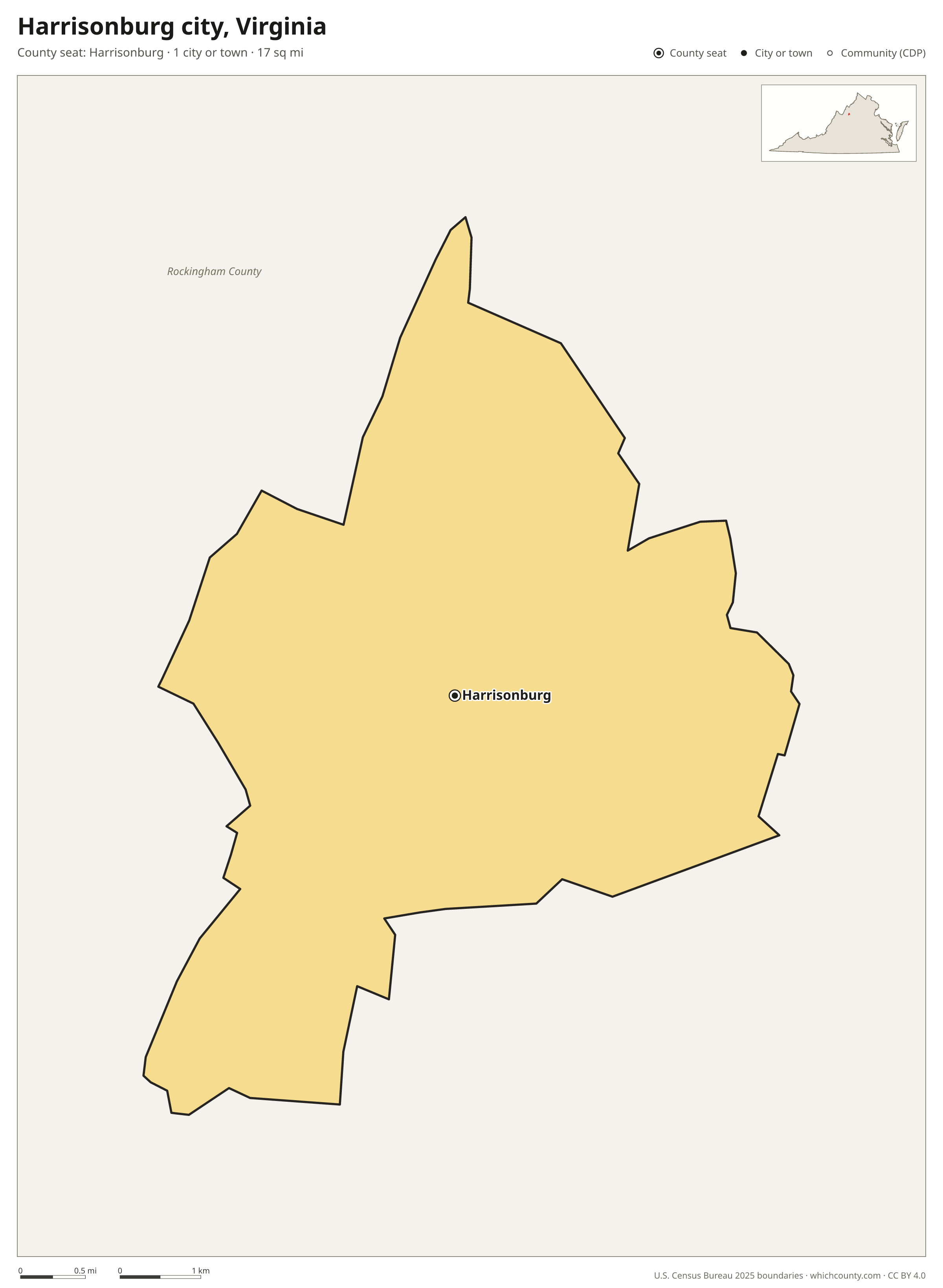 Map of Harrisonburg city, Virginia with cities, towns and the county boundary