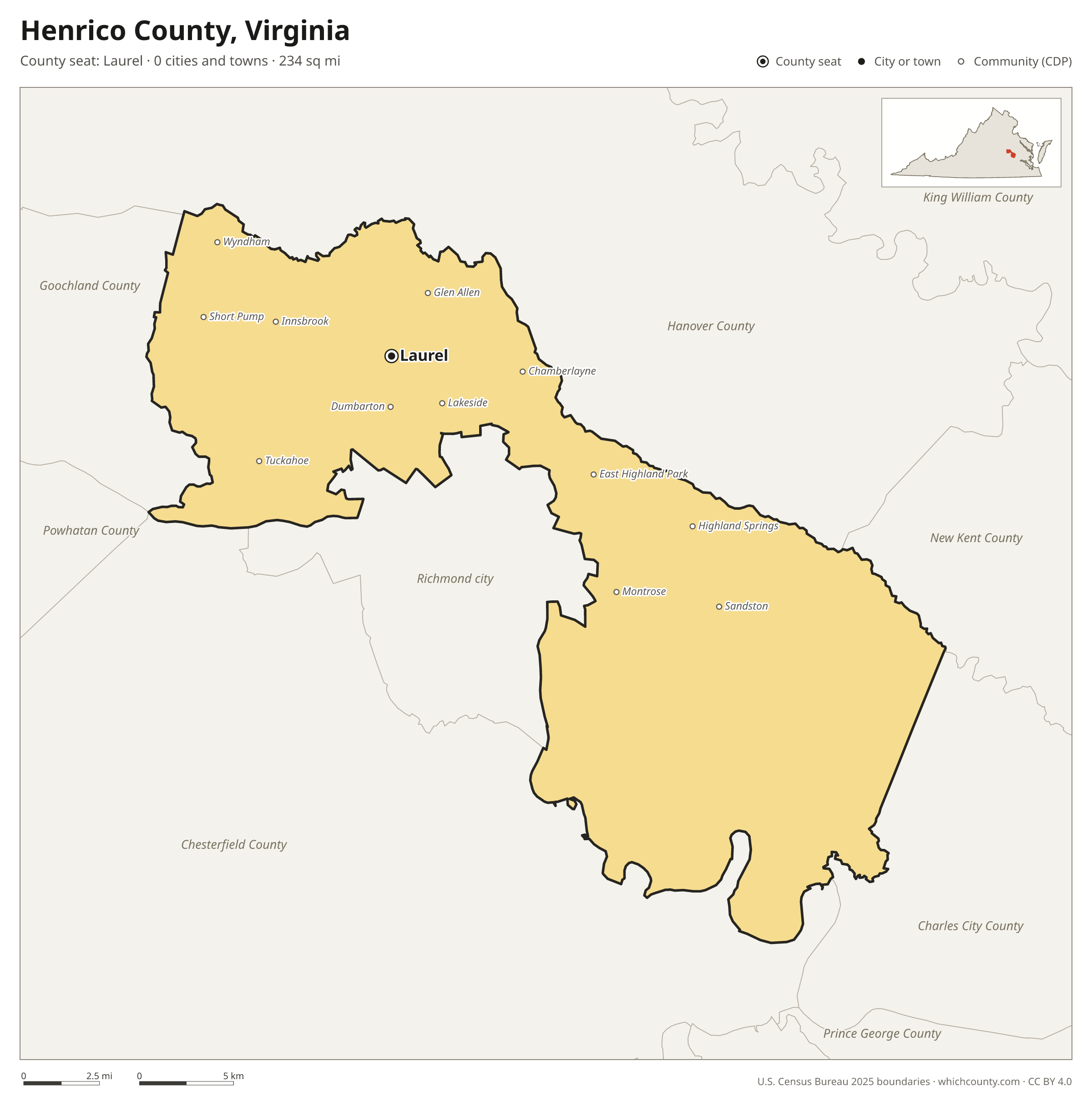 Map of Henrico County, Virginia with cities, towns and the county boundary