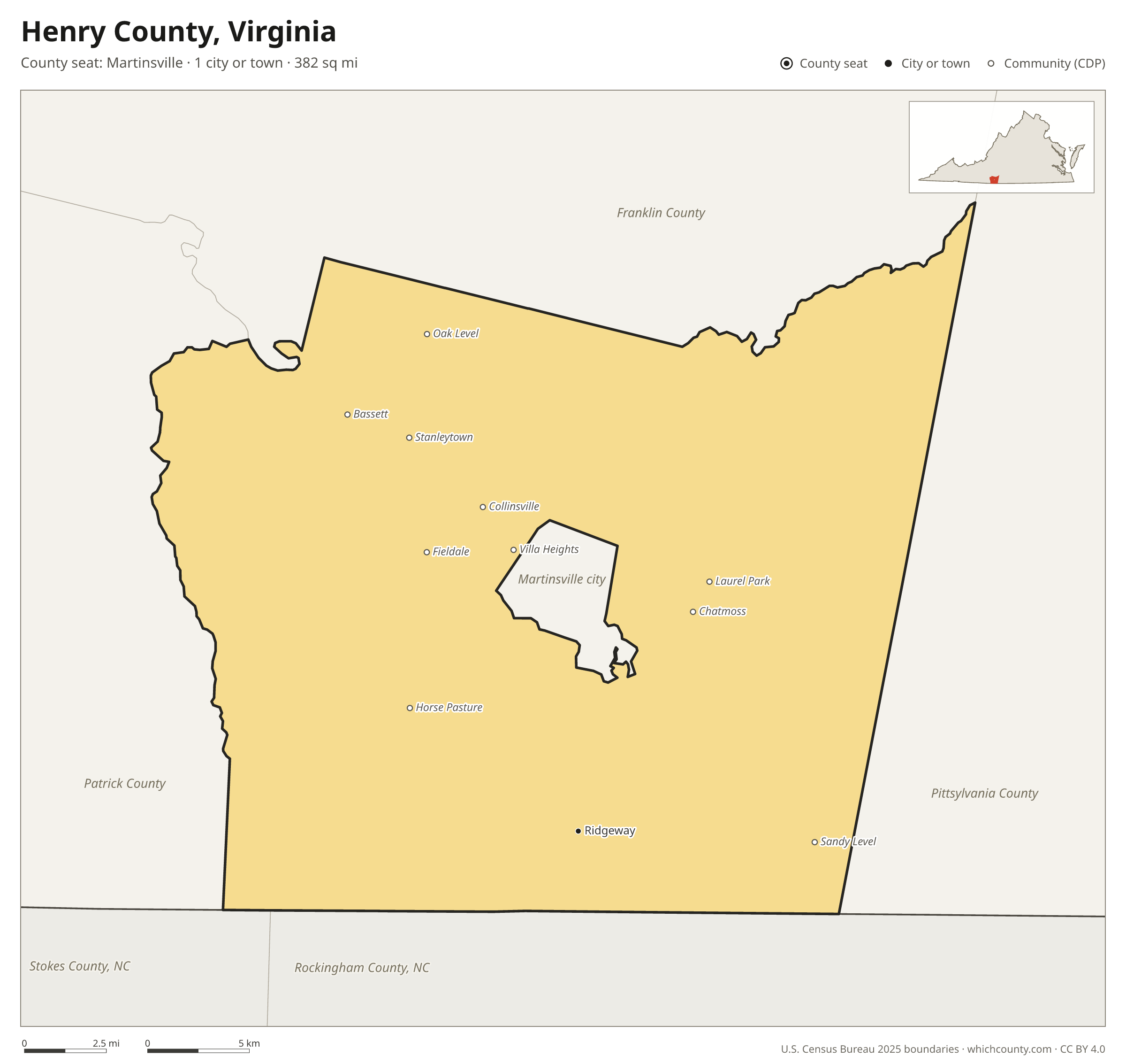 Map of Henry County, Virginia with cities, towns and the county boundary