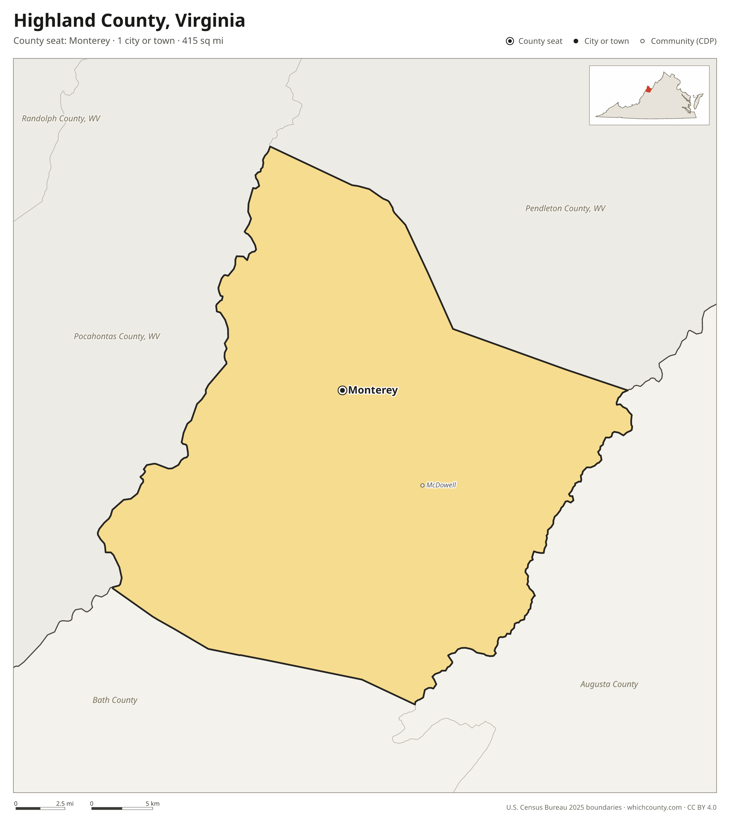 Map of Highland County, Virginia with cities, towns and the county boundary
