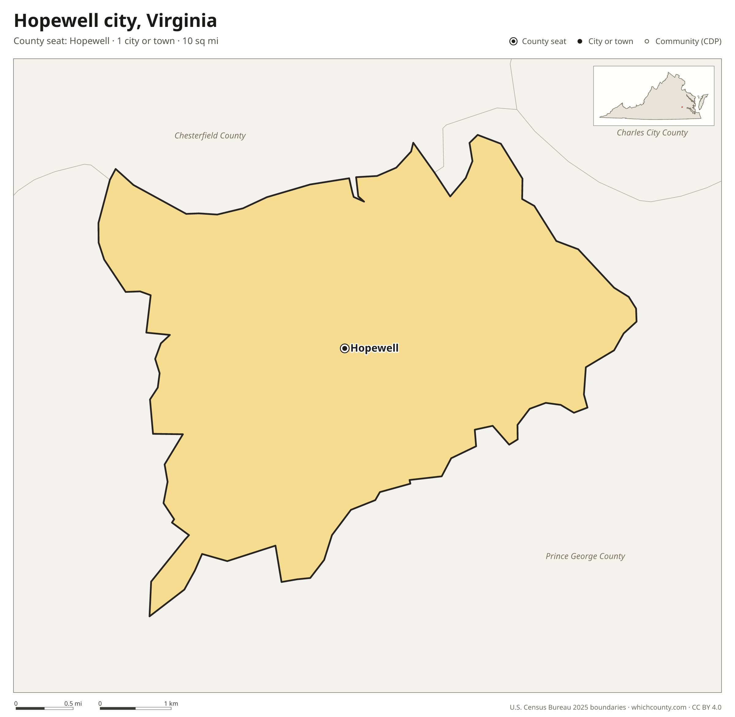 Map of Hopewell city, Virginia with cities, towns and the county boundary