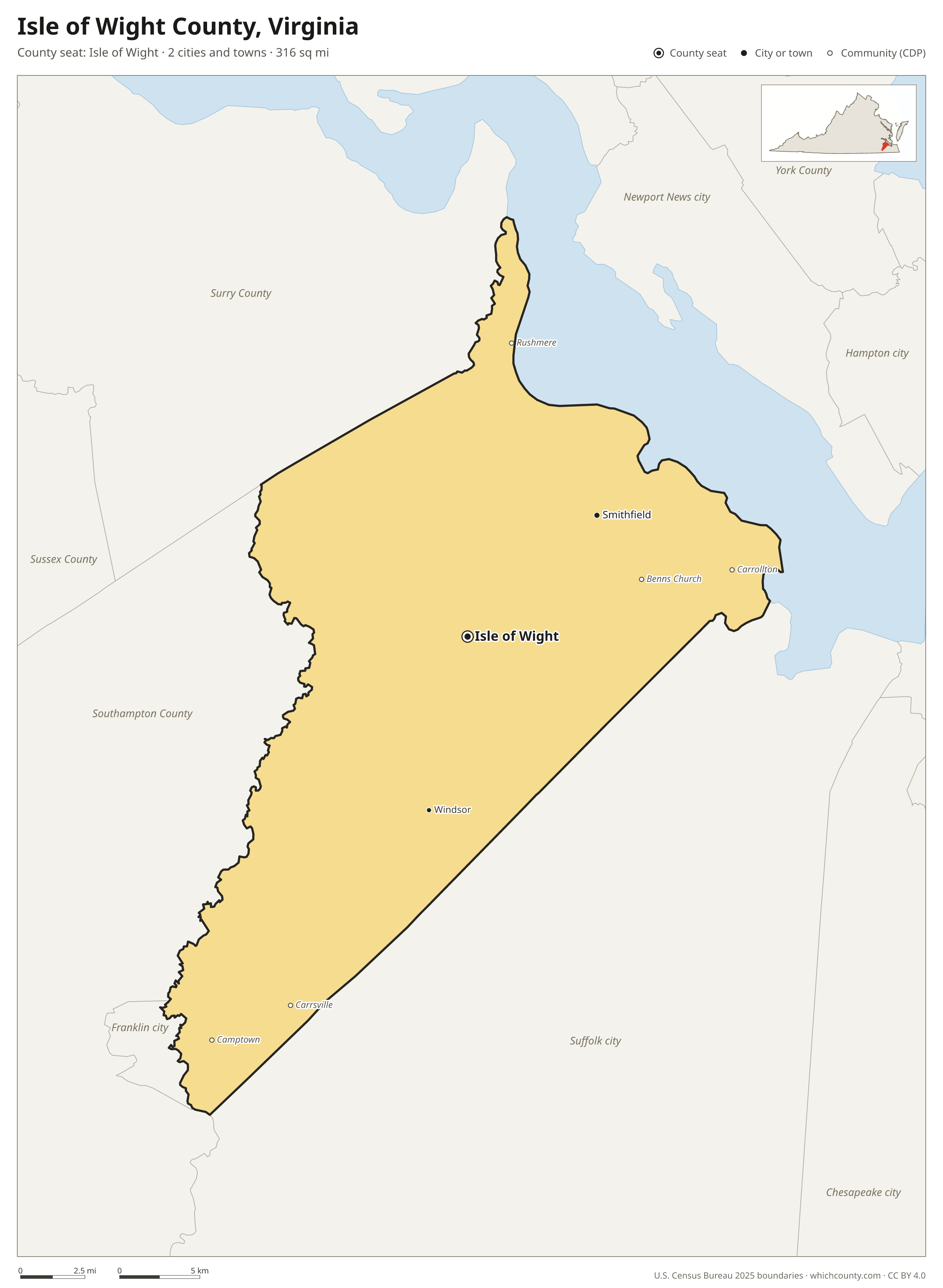 Map of Isle of Wight County, Virginia with cities, towns and the county boundary
