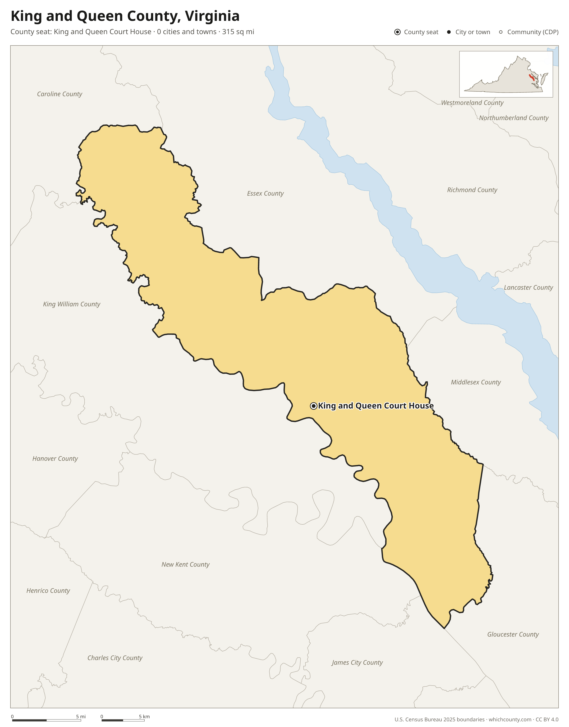 Map of King and Queen County, Virginia with cities, towns and the county boundary