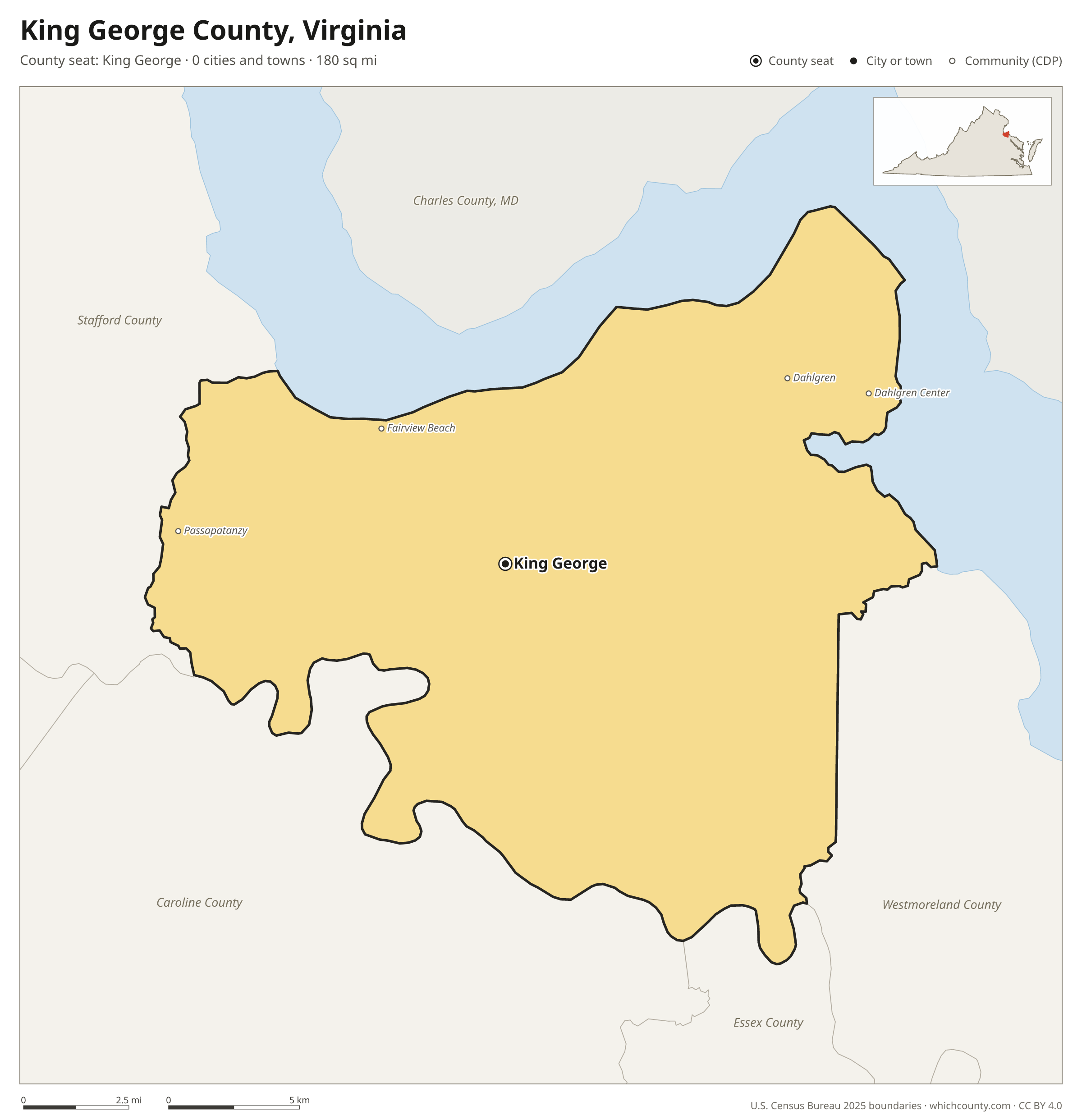 Map of King George County, Virginia with cities, towns and the county boundary