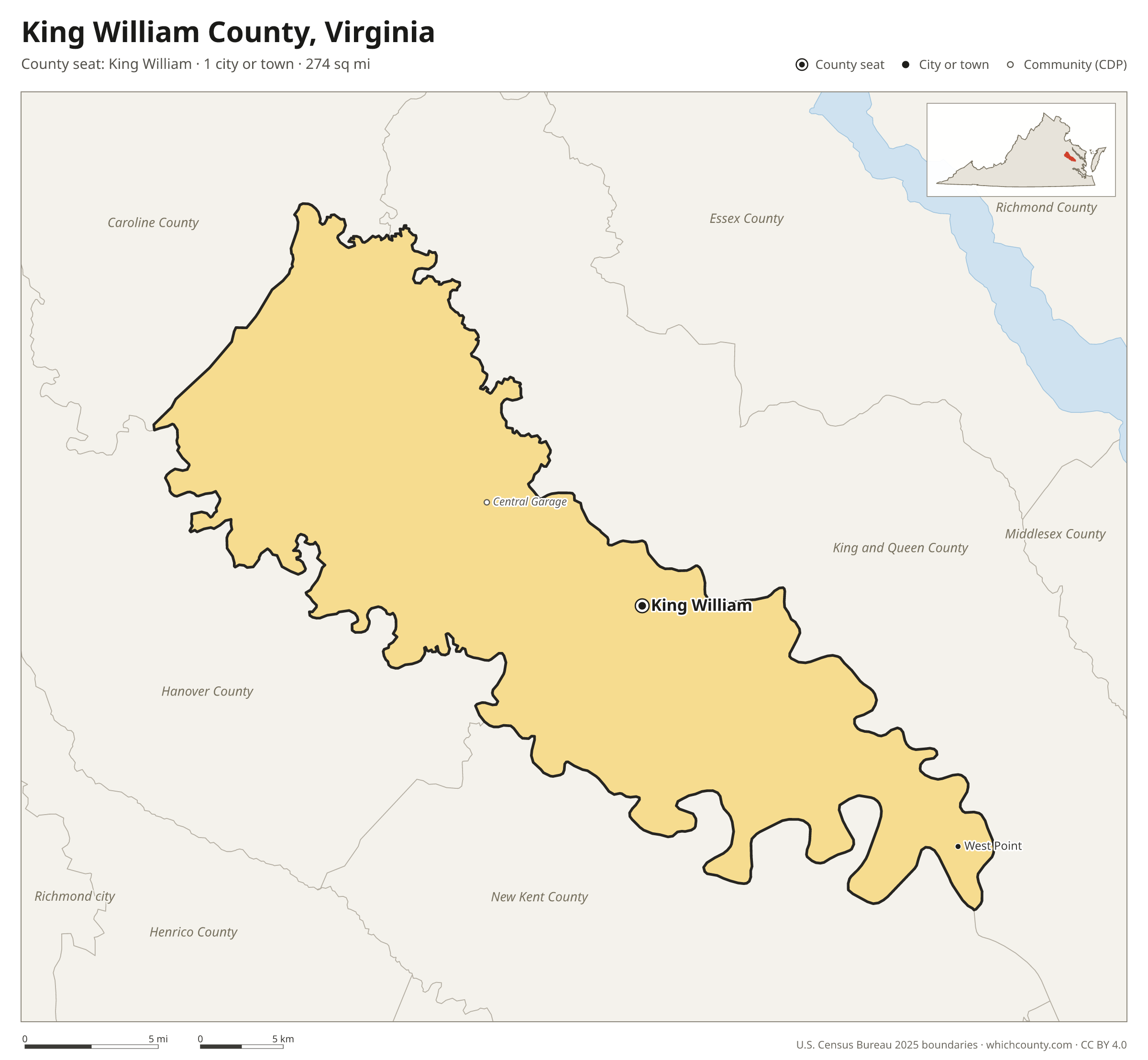 Map of King William County, Virginia with cities, towns and the county boundary