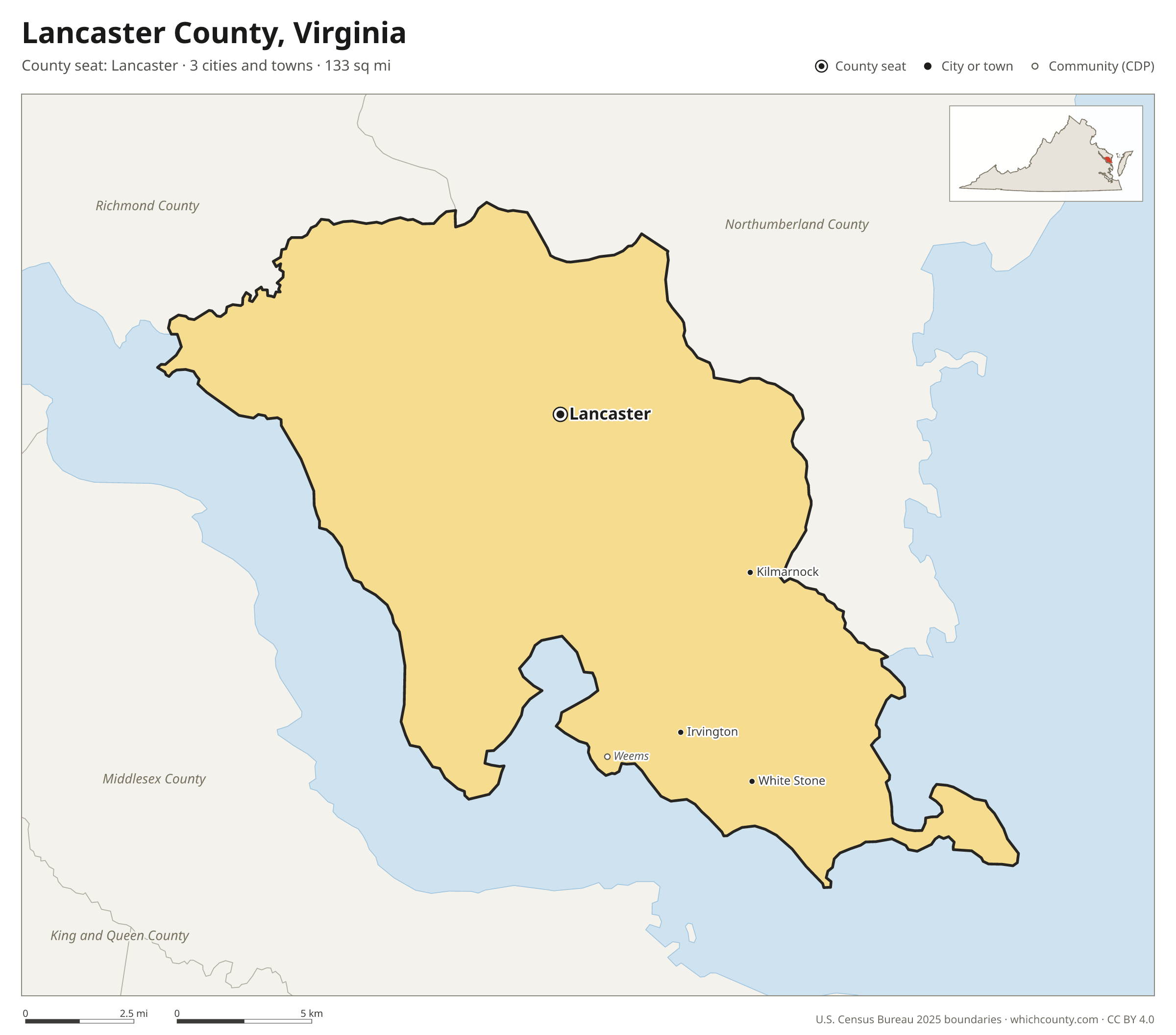 Map of Lancaster County, Virginia with cities, towns and the county boundary