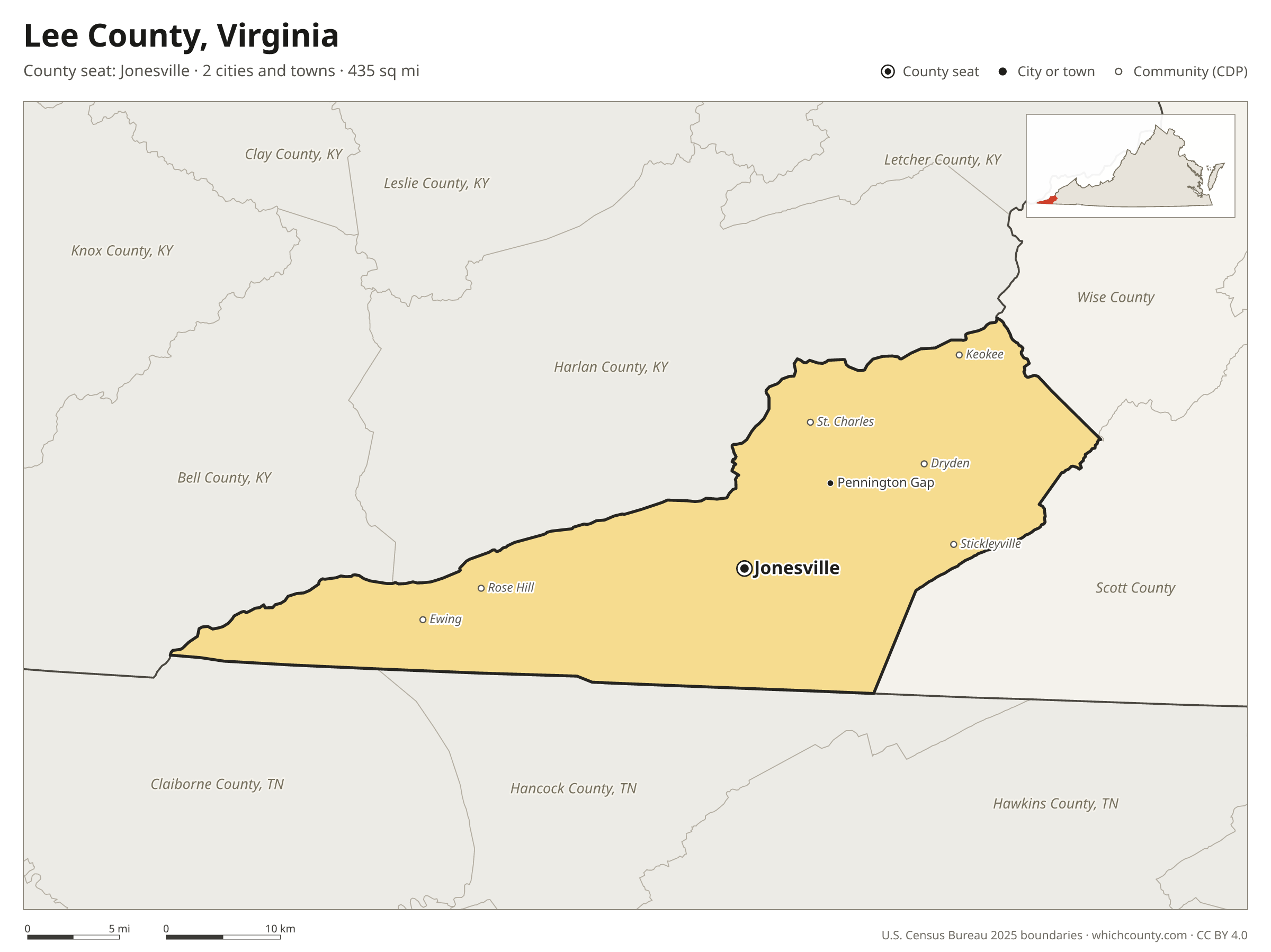 Map of Lee County, Virginia with cities, towns and the county boundary