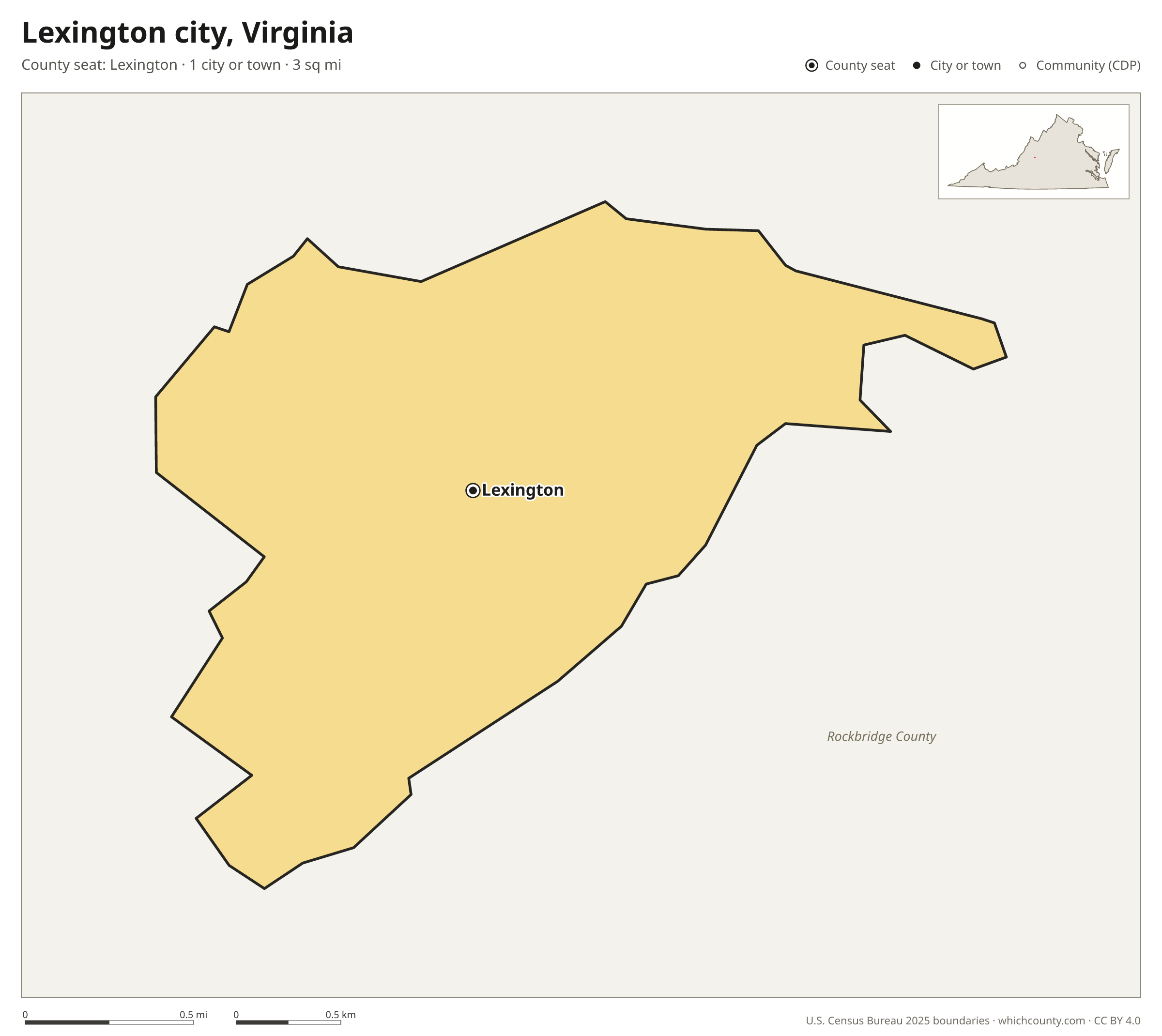 Map of Lexington city, Virginia with cities, towns and the county boundary