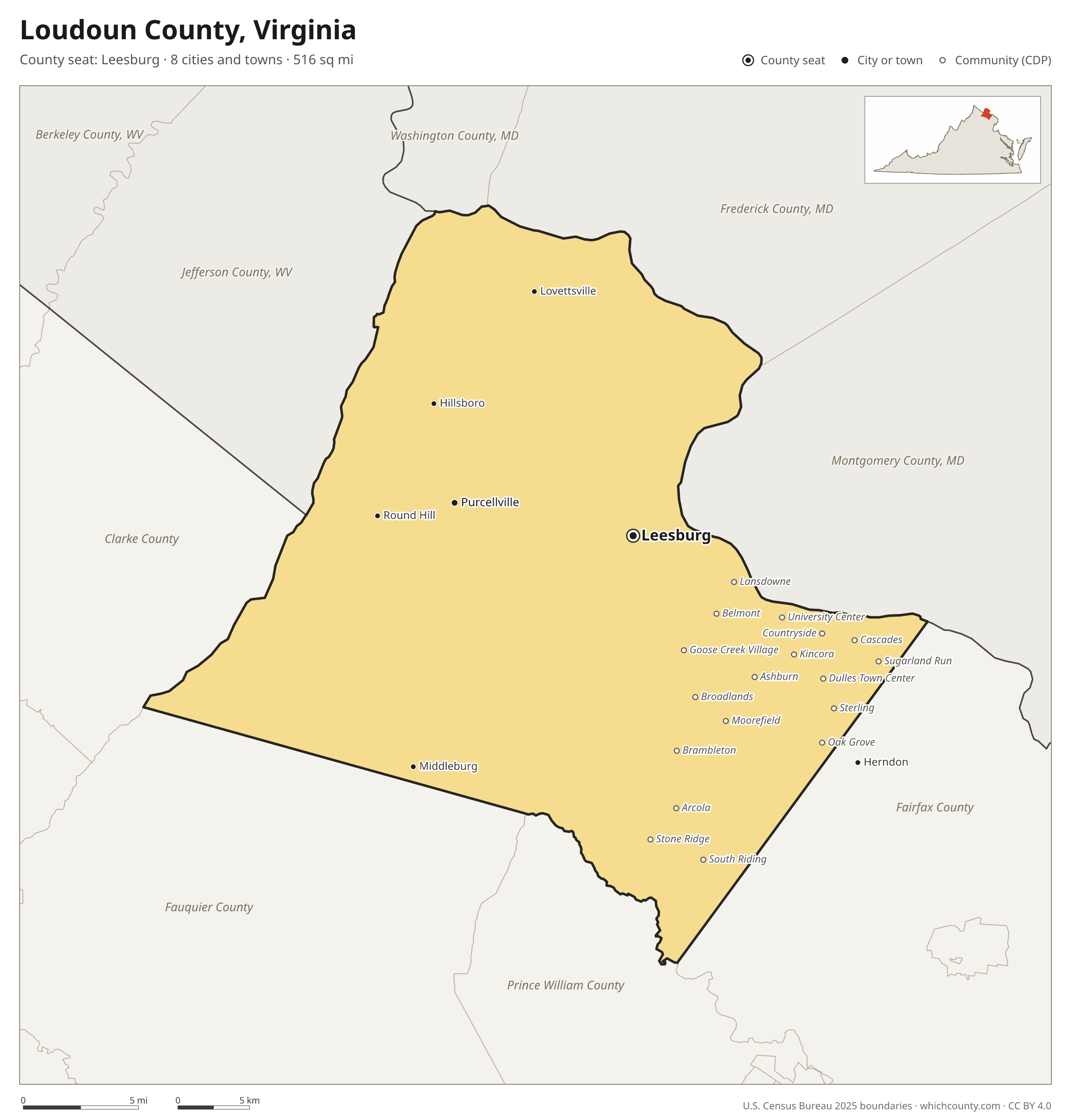 Map of Loudoun County, Virginia with cities, towns and the county boundary