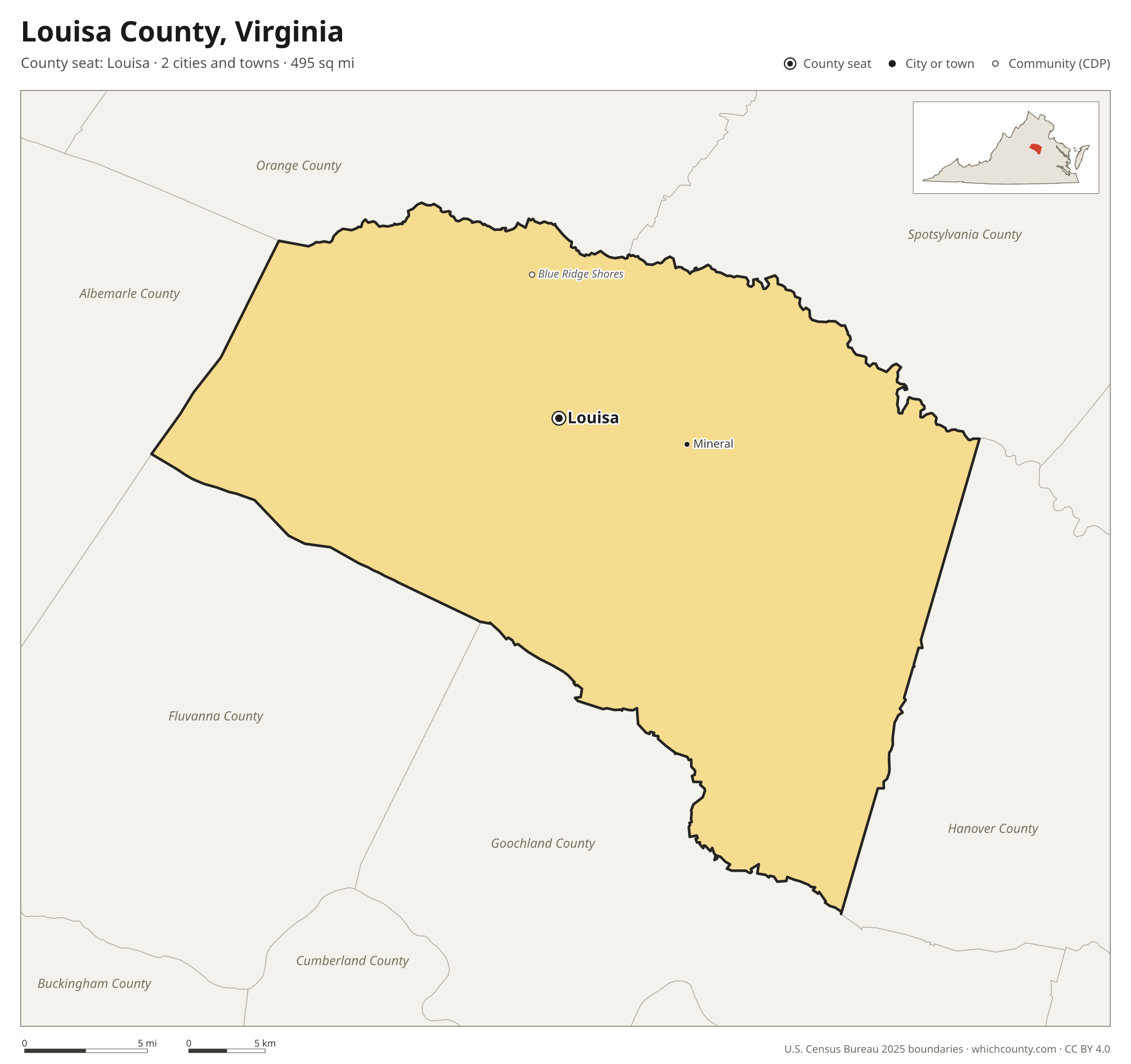 Map of Louisa County, Virginia with cities, towns and the county boundary