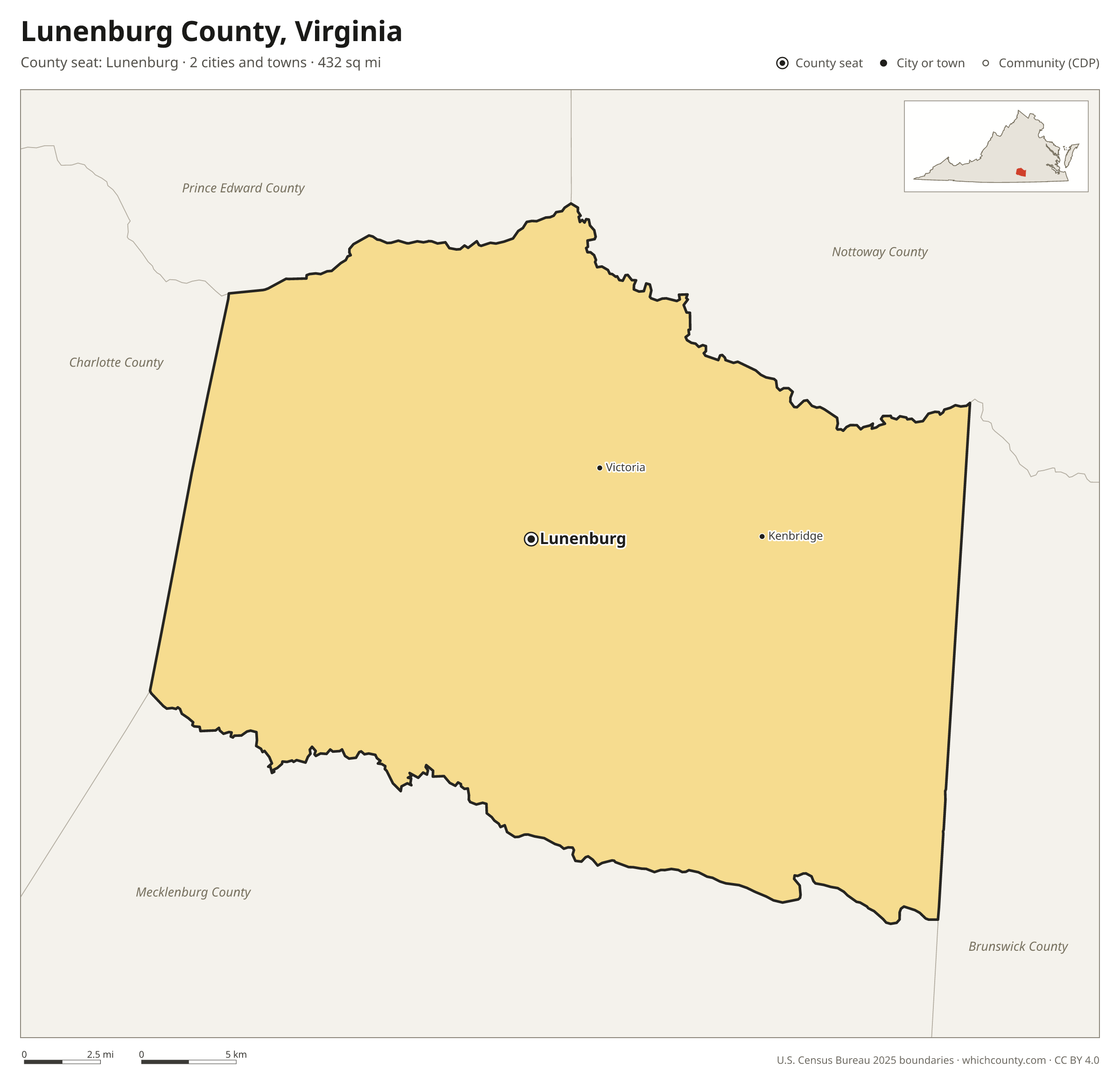 Map of Lunenburg County, Virginia with cities, towns and the county boundary