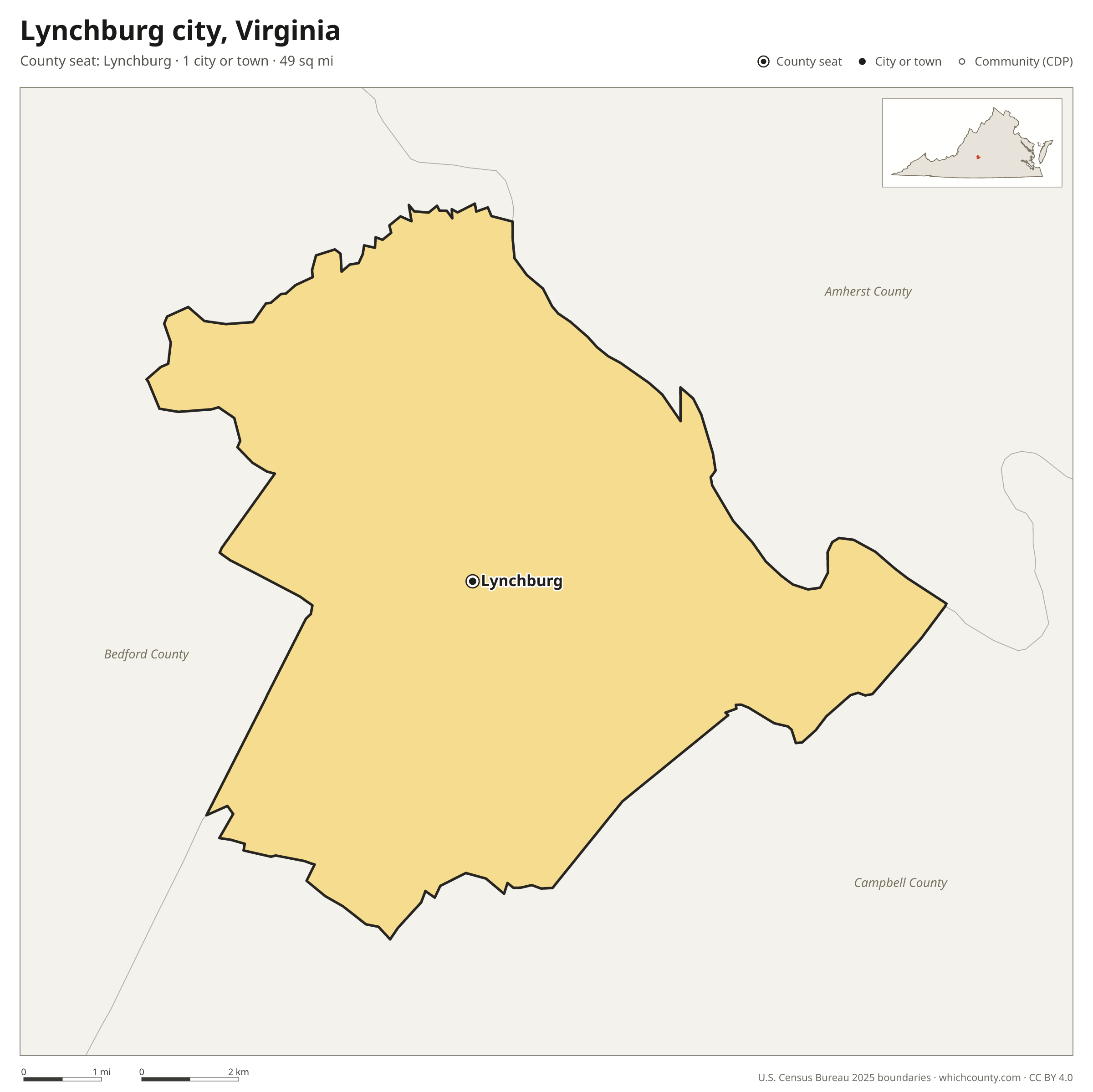 Map of Lynchburg city, Virginia with cities, towns and the county boundary