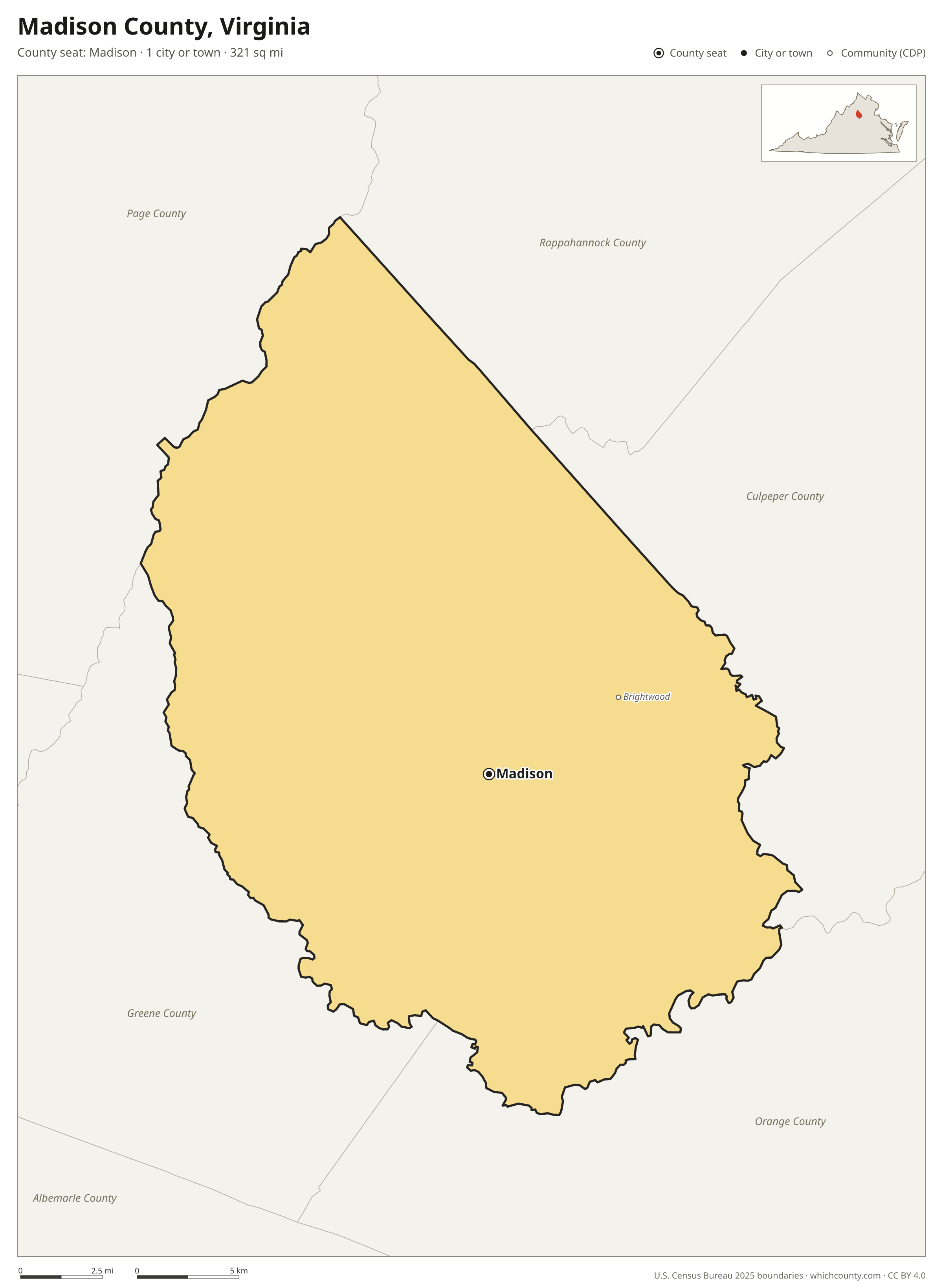 Map of Madison County, Virginia with cities, towns and the county boundary