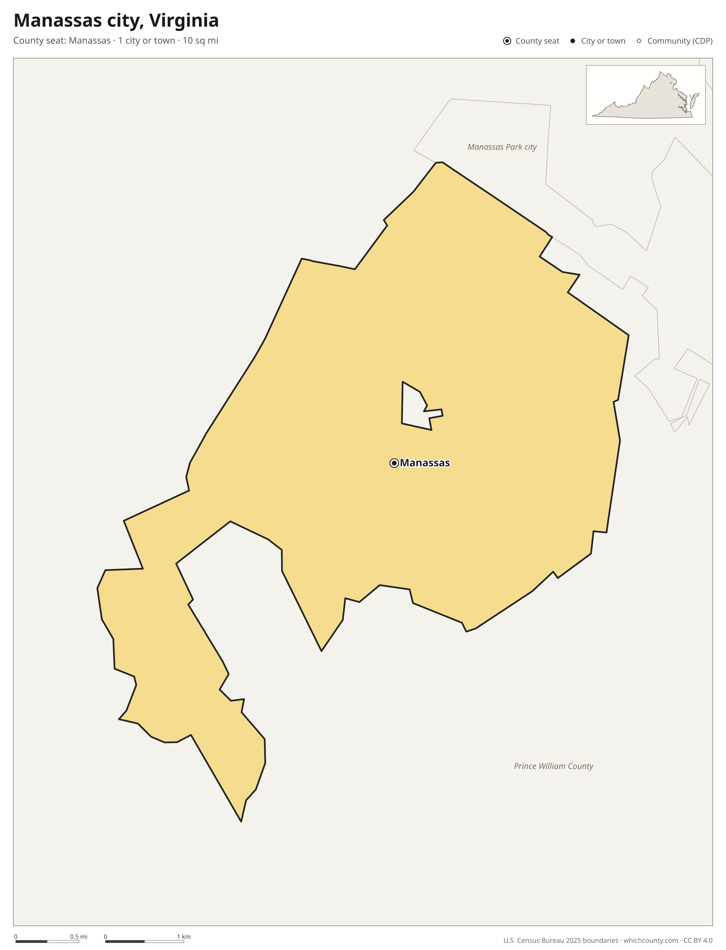 Map of Manassas city, Virginia with cities, towns and the county boundary