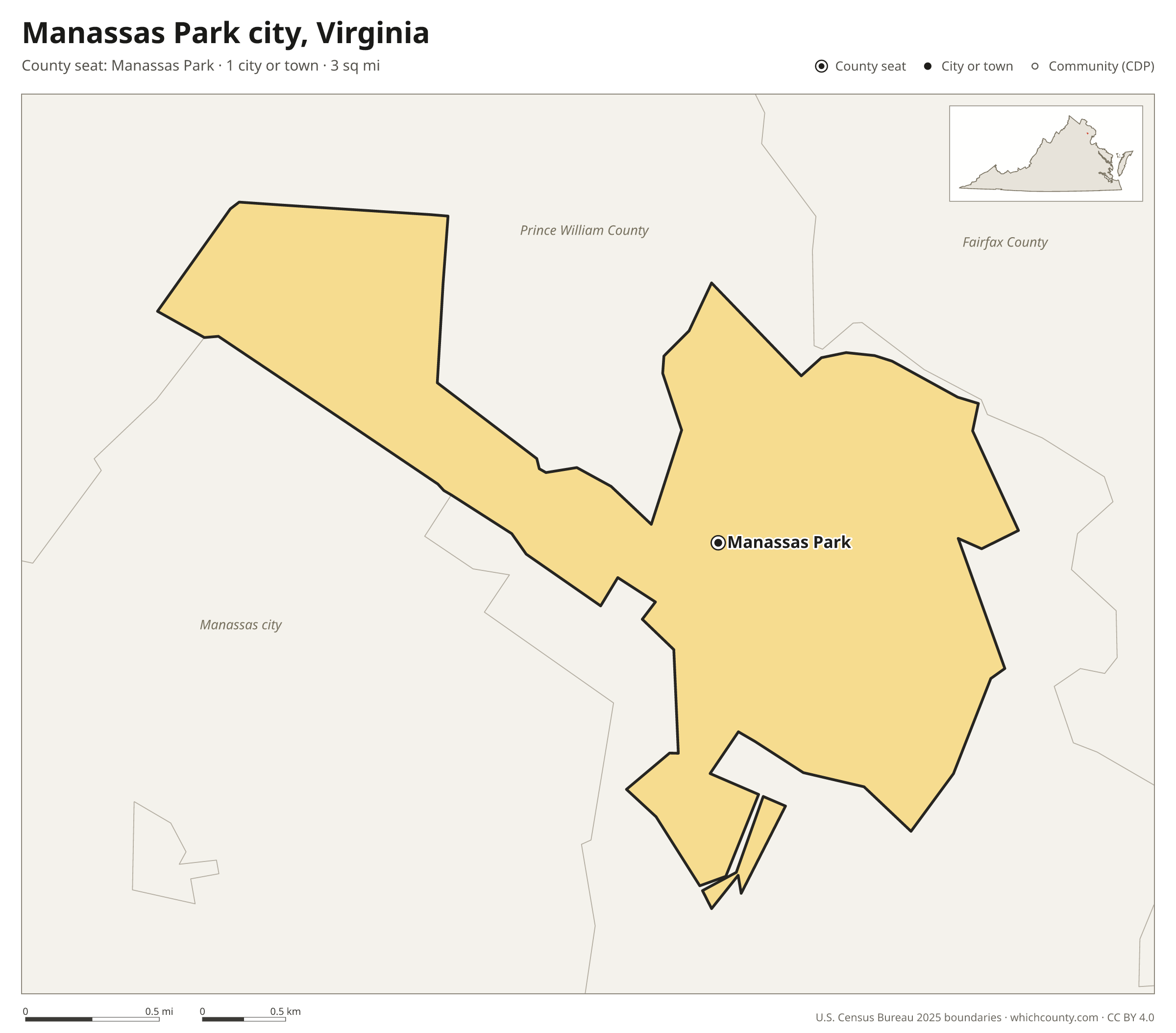 Map of Manassas Park city, Virginia with cities, towns and the county boundary