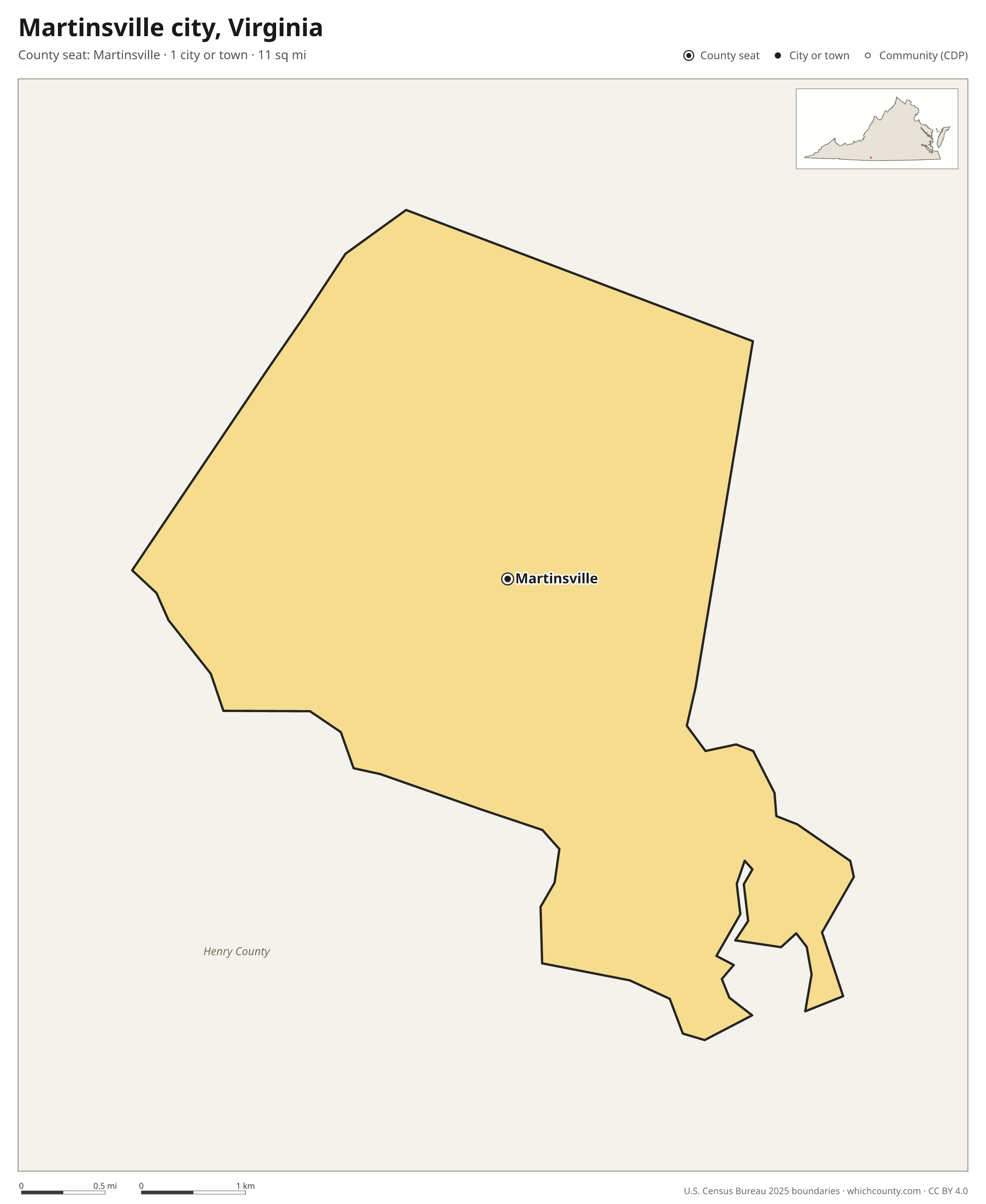 Map of Martinsville city, Virginia with cities, towns and the county boundary