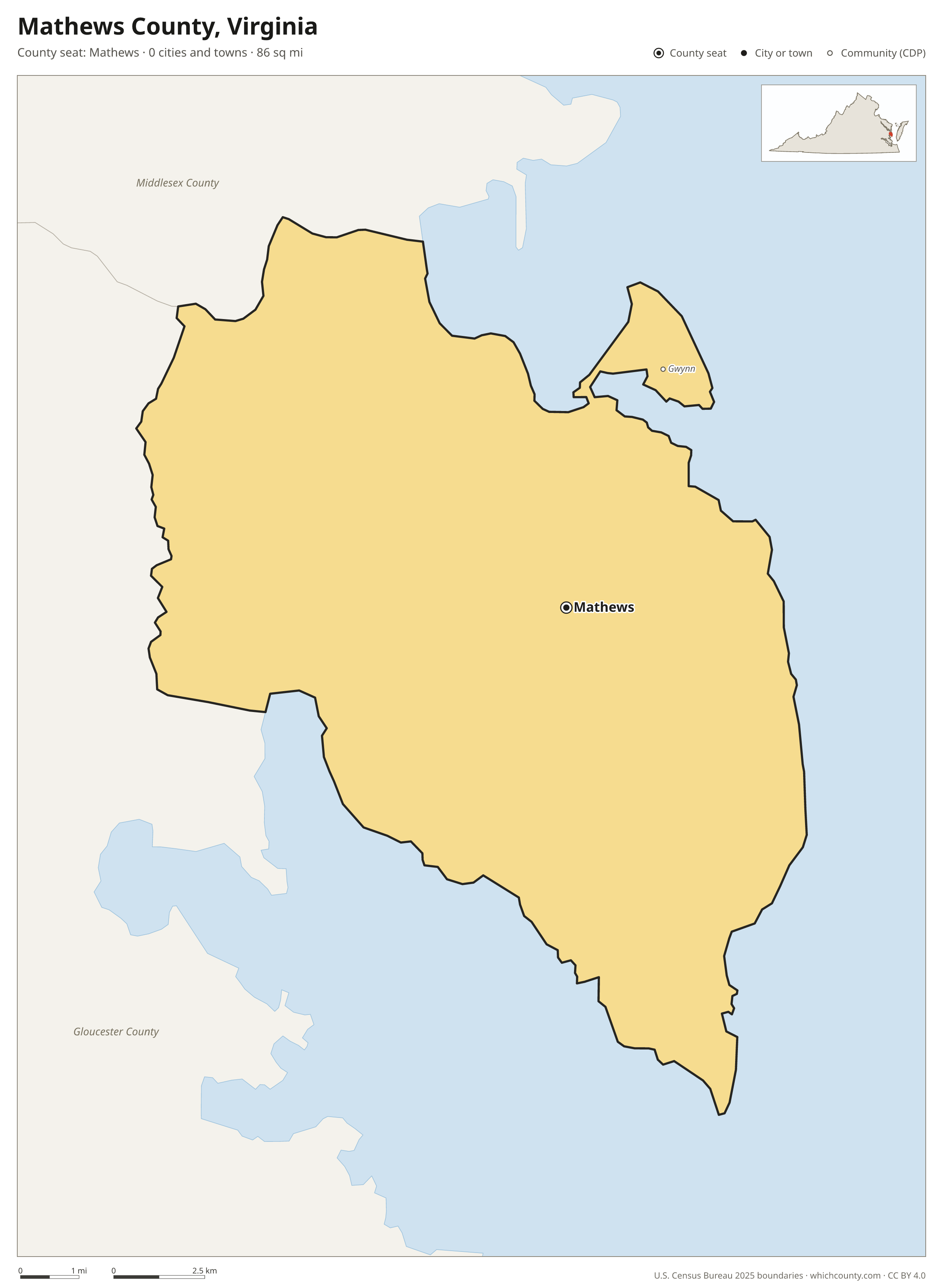 Map of Mathews County, Virginia with cities, towns and the county boundary