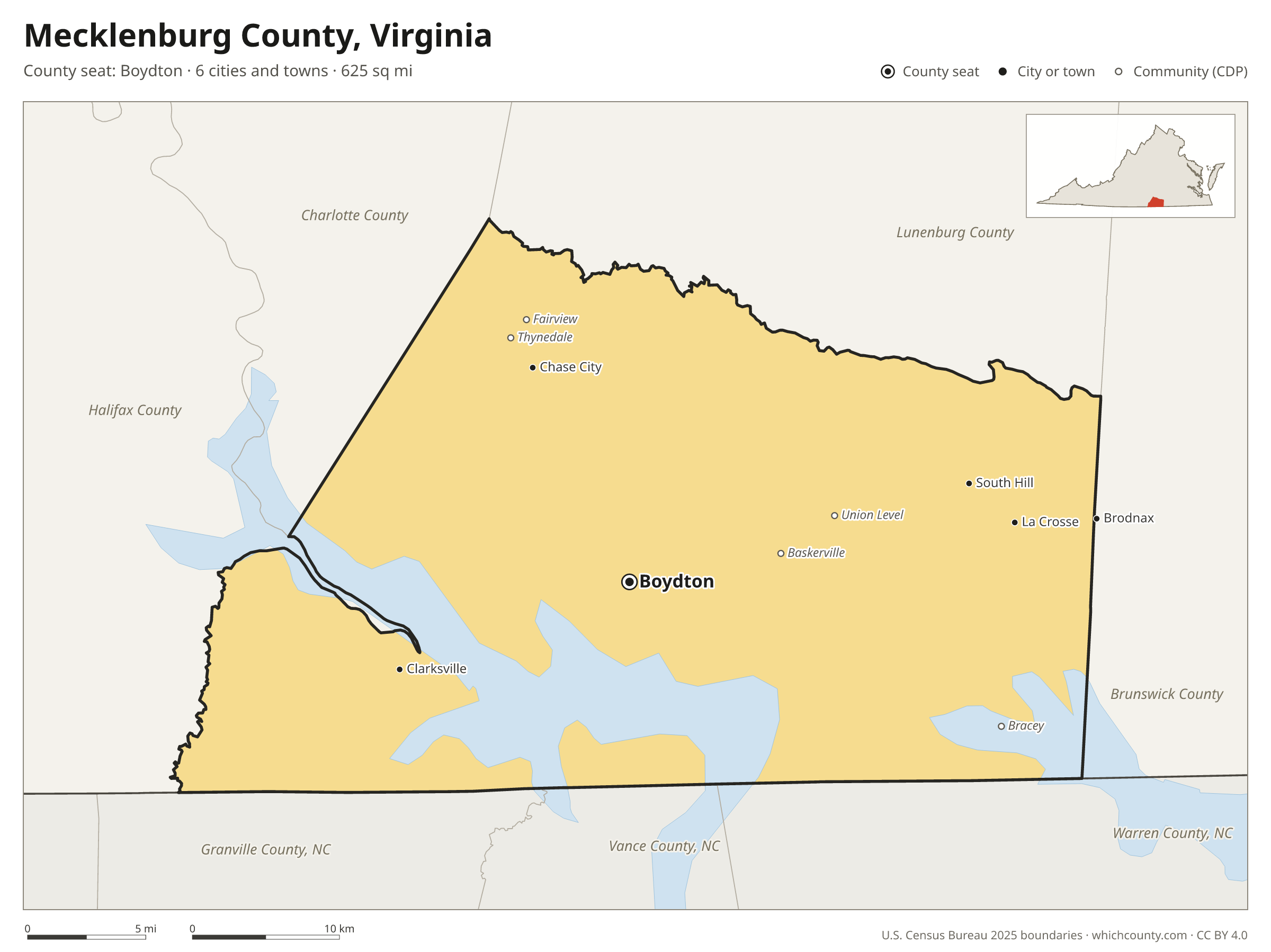 Map of Mecklenburg County, Virginia with cities, towns and the county boundary