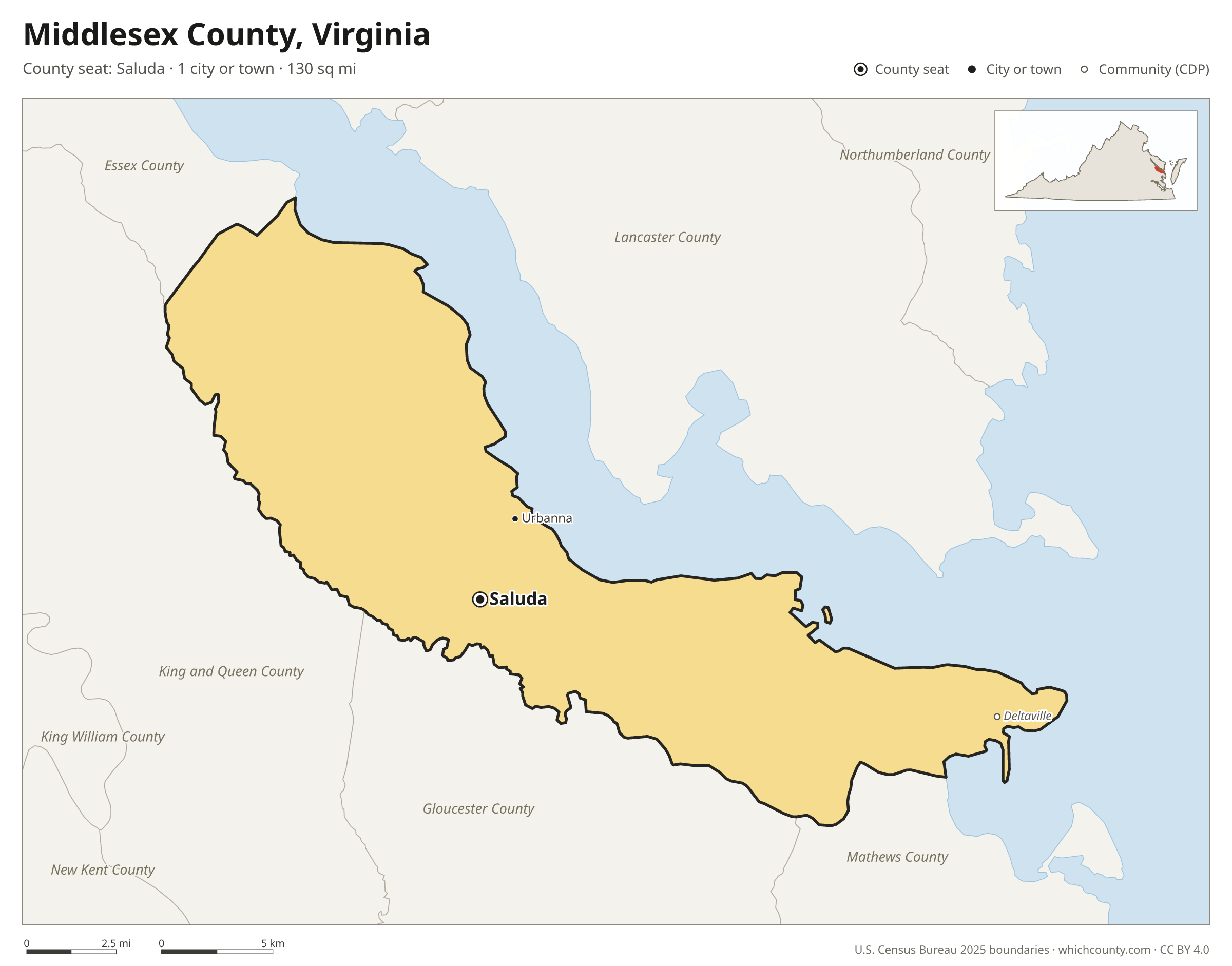 Map of Middlesex County, Virginia with cities, towns and the county boundary