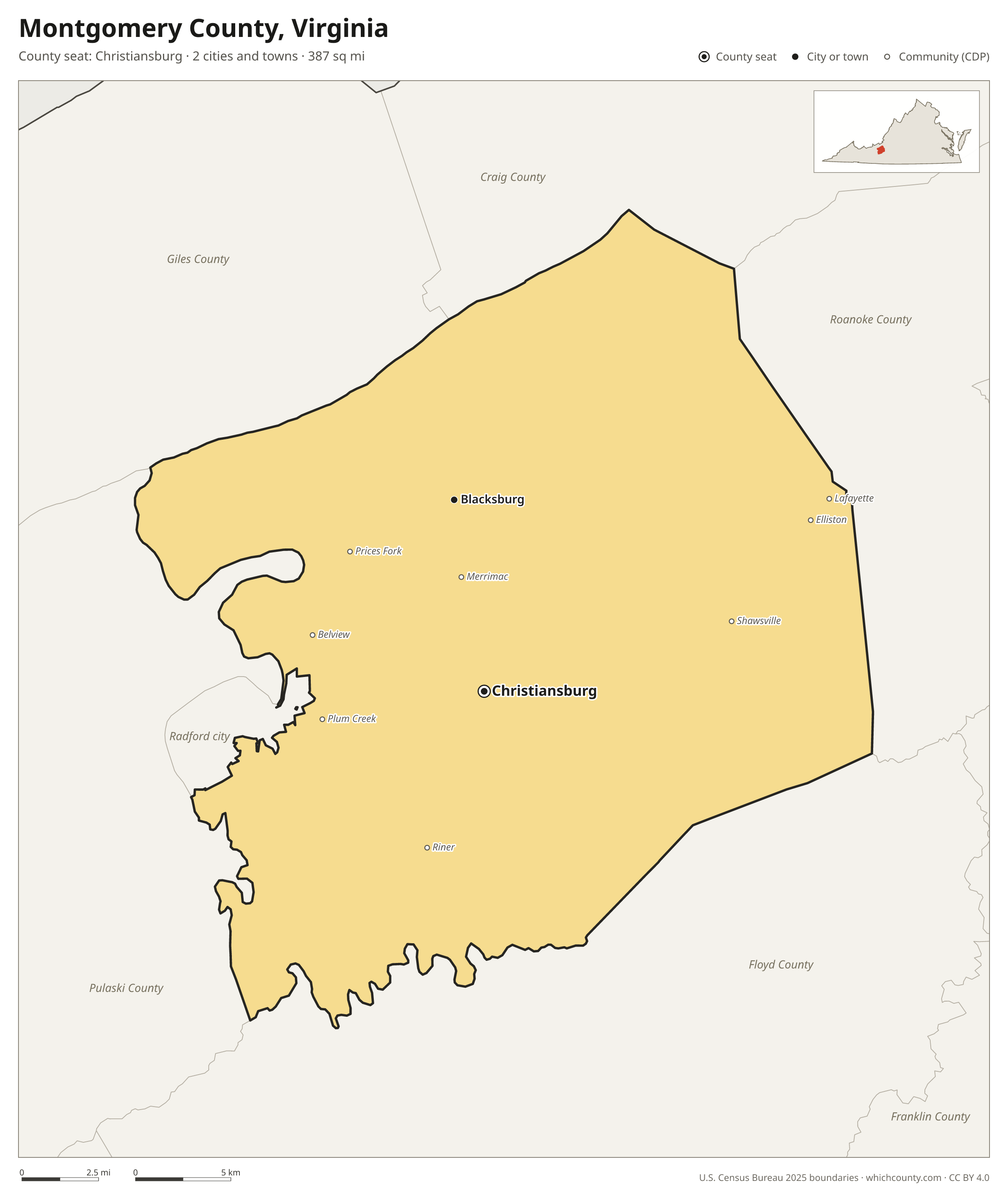 Map of Montgomery County, Virginia with cities, towns and the county boundary