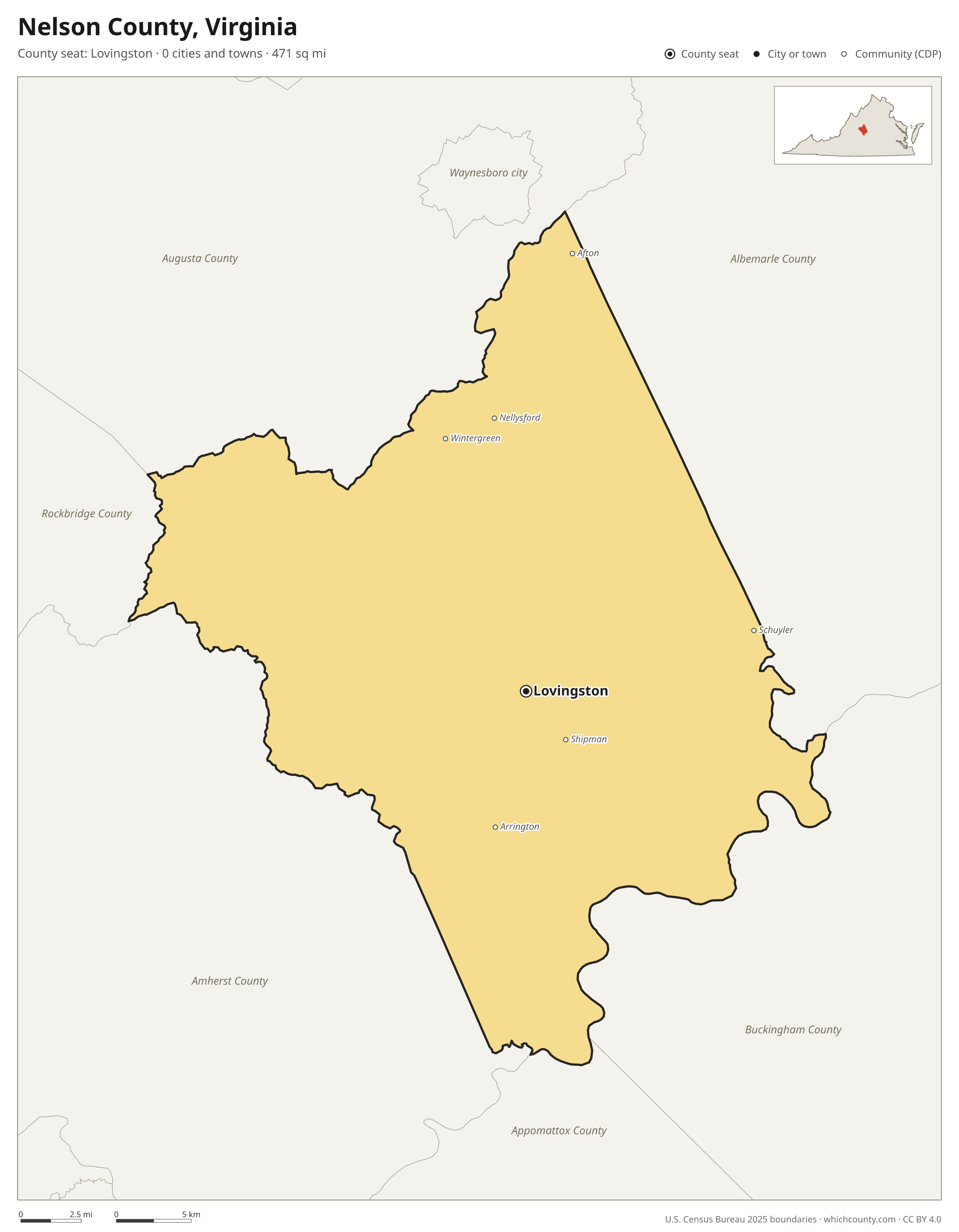 Map of Nelson County, Virginia with cities, towns and the county boundary