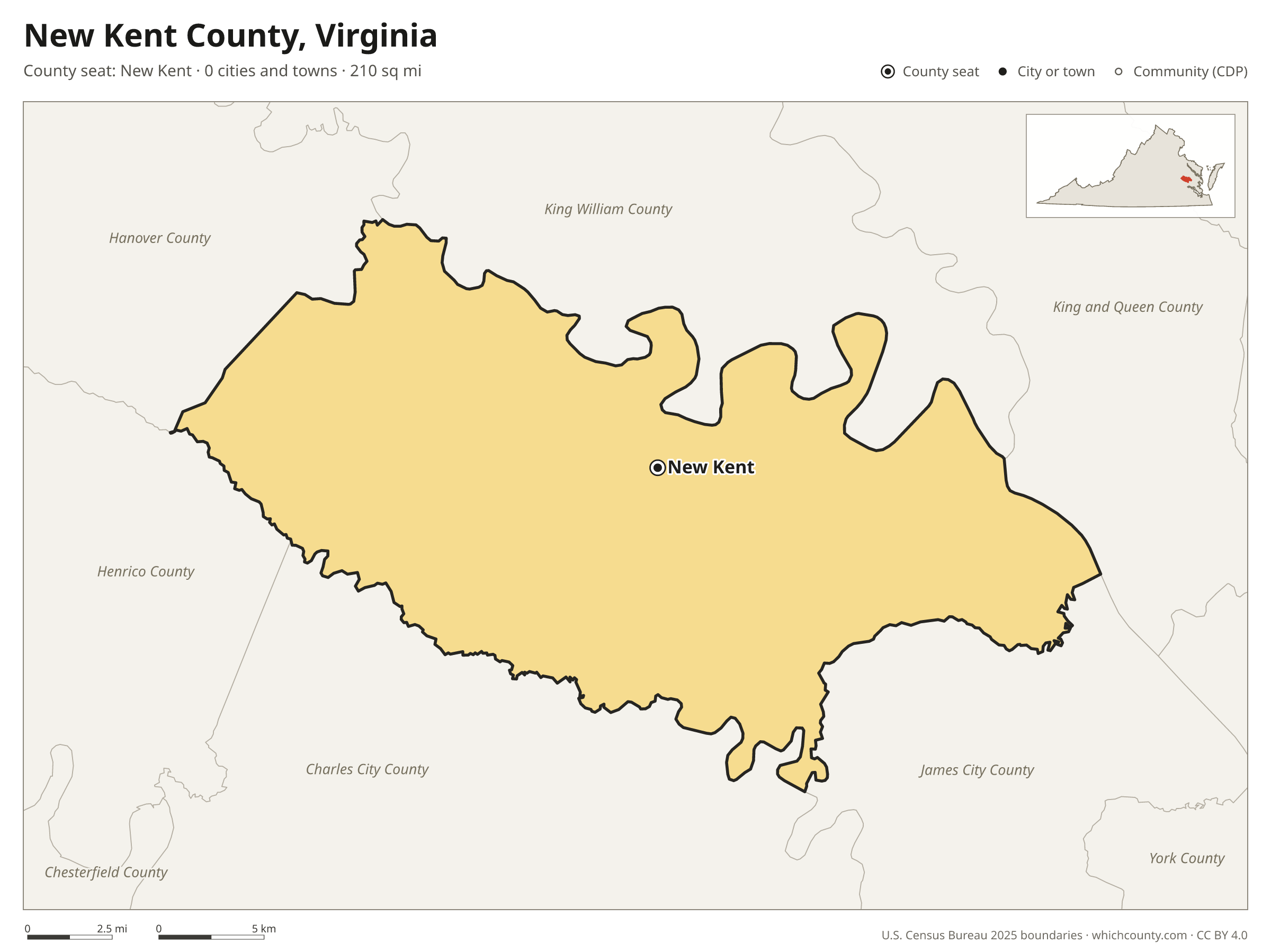 Map of New Kent County, Virginia with cities, towns and the county boundary