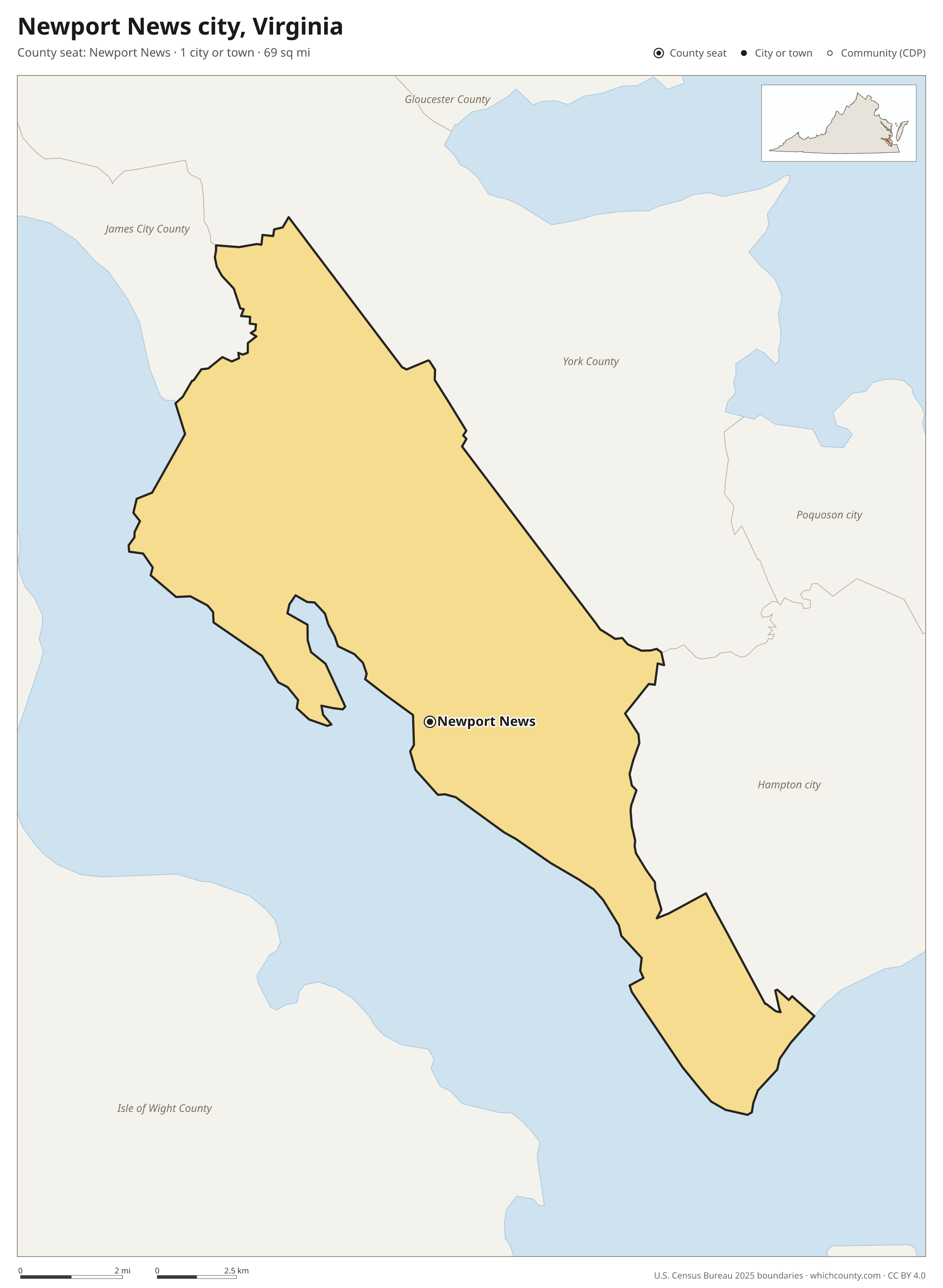 Map of Newport News city, Virginia with cities, towns and the county boundary