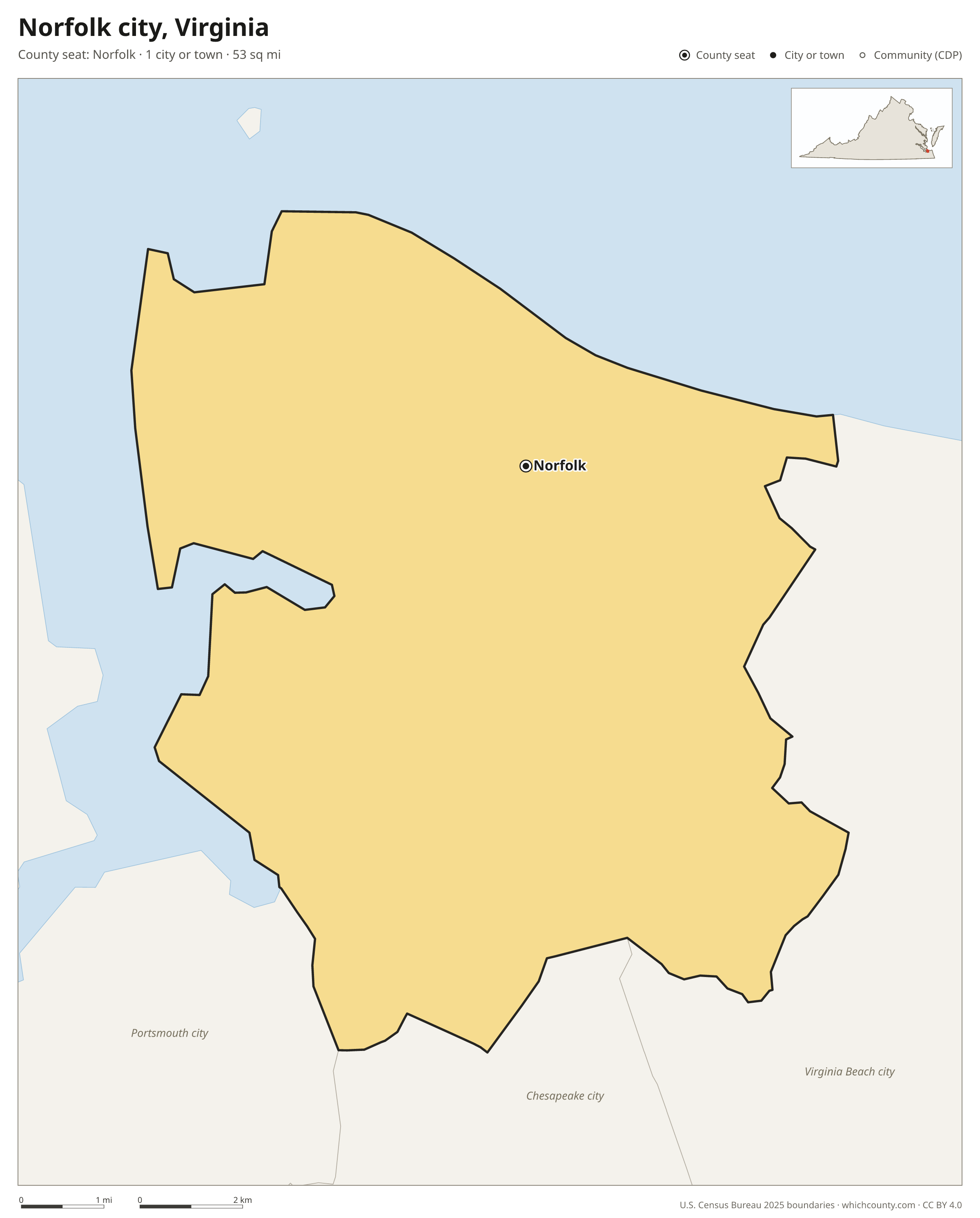 Map of Norfolk city, Virginia with cities, towns and the county boundary
