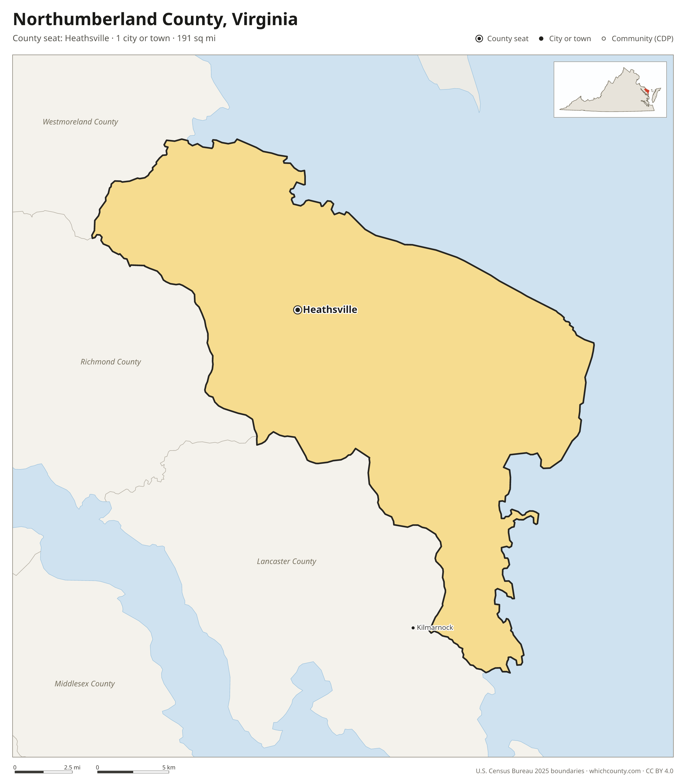 Map of Northumberland County, Virginia with cities, towns and the county boundary