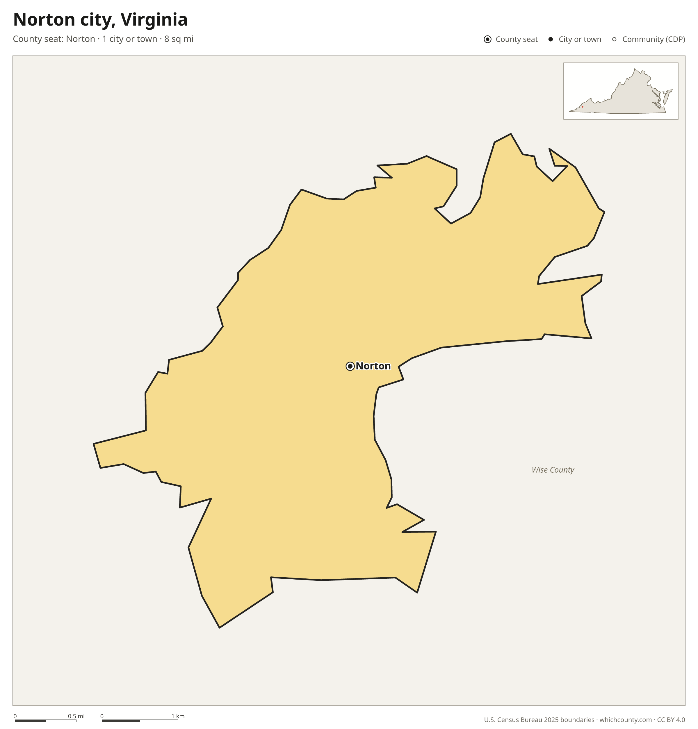 Map of Norton city, Virginia with cities, towns and the county boundary