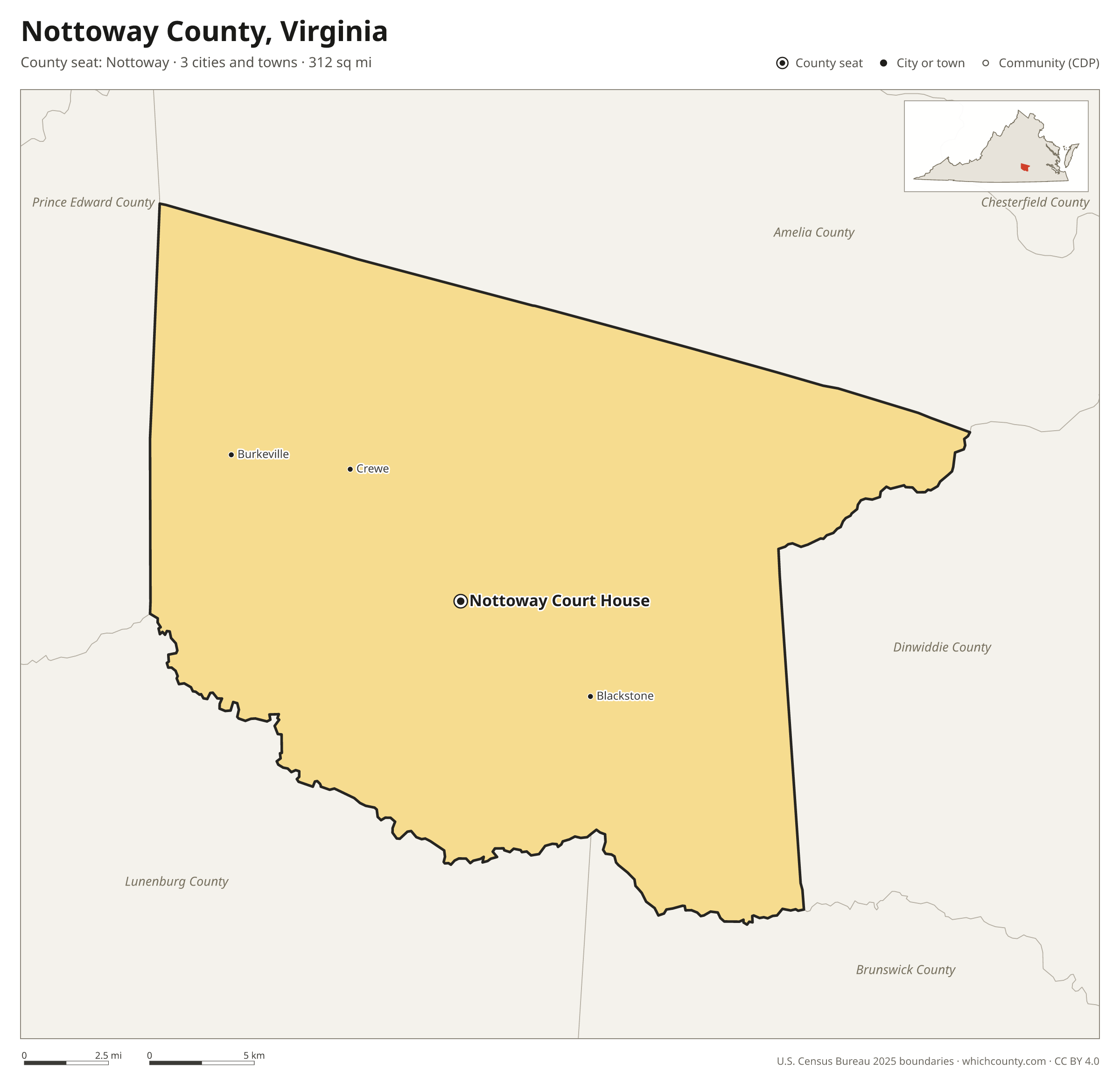 Map of Nottoway County, Virginia with cities, towns and the county boundary